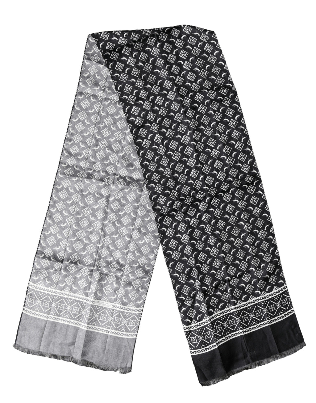 Sciarpa Foulard Dolce & Gabbana Nero Grigio Seta Uccelli Frange Avvolgente 140cm X 23cm
