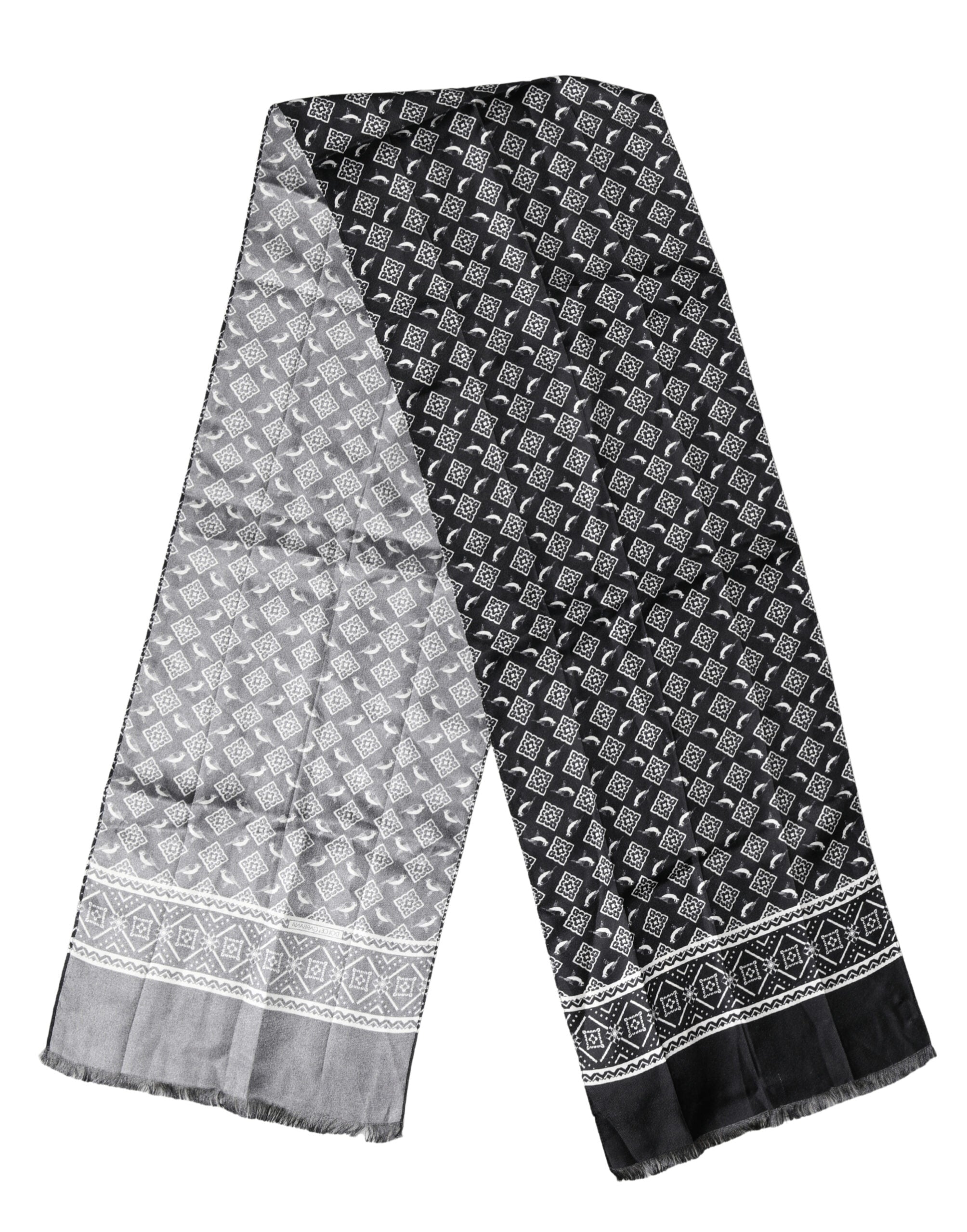 Sciarpa Foulard Dolce & Gabbana Nero Grigio Seta Uccelli Frange Avvolgente 140cm X 23cm