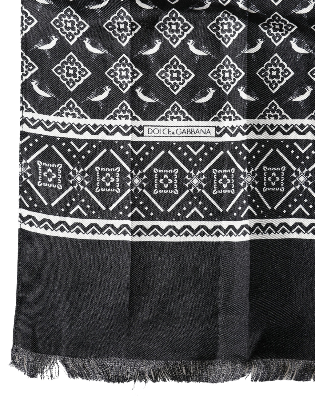Sciarpa Foulard Dolce & Gabbana Nero Grigio Seta Uccelli Frange Avvolgente 140cm X 23cm