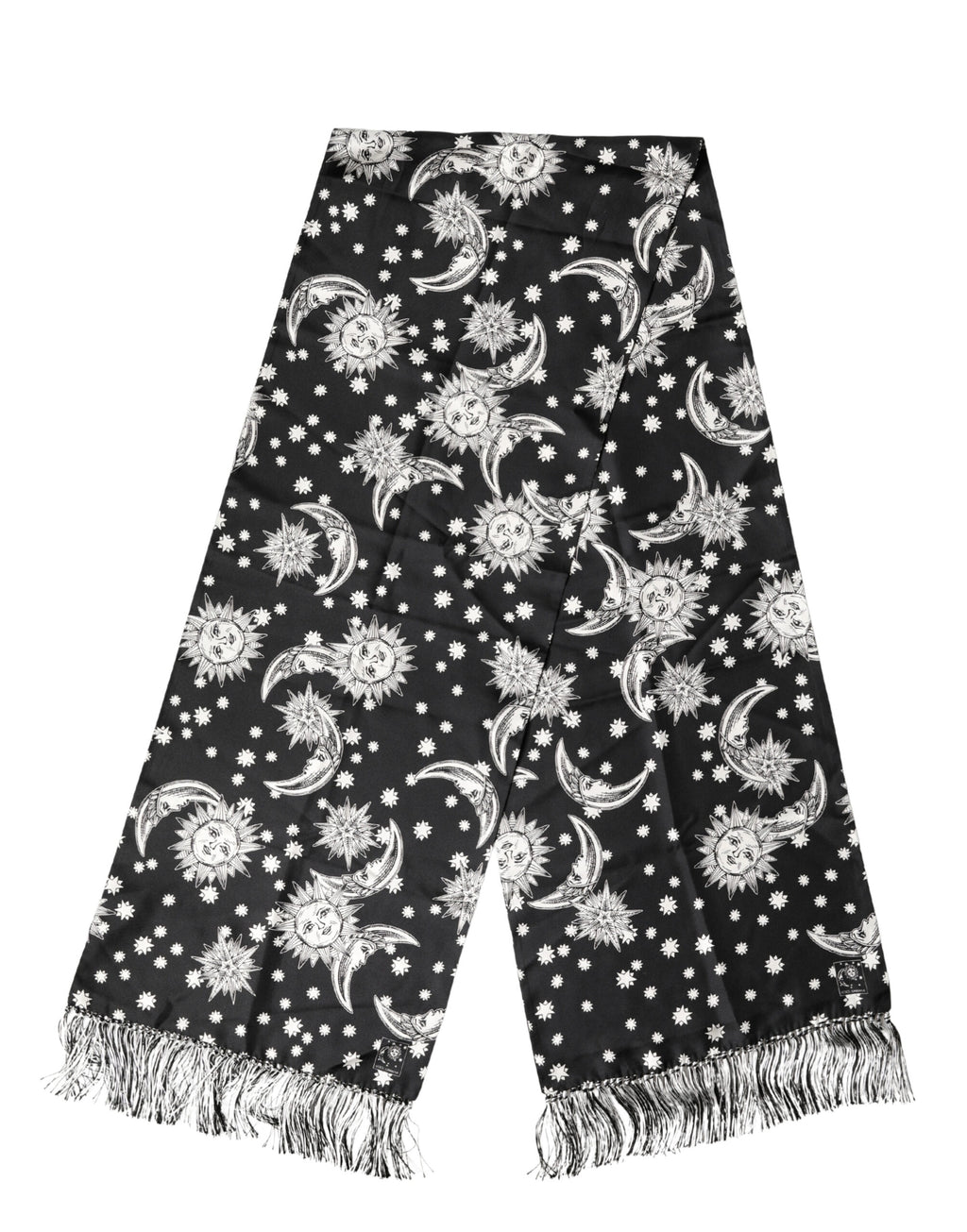 Dolce & Gabbana Foulard a Frange in Seta Nera Luna Sole Stella 178 cm X 33 cm
