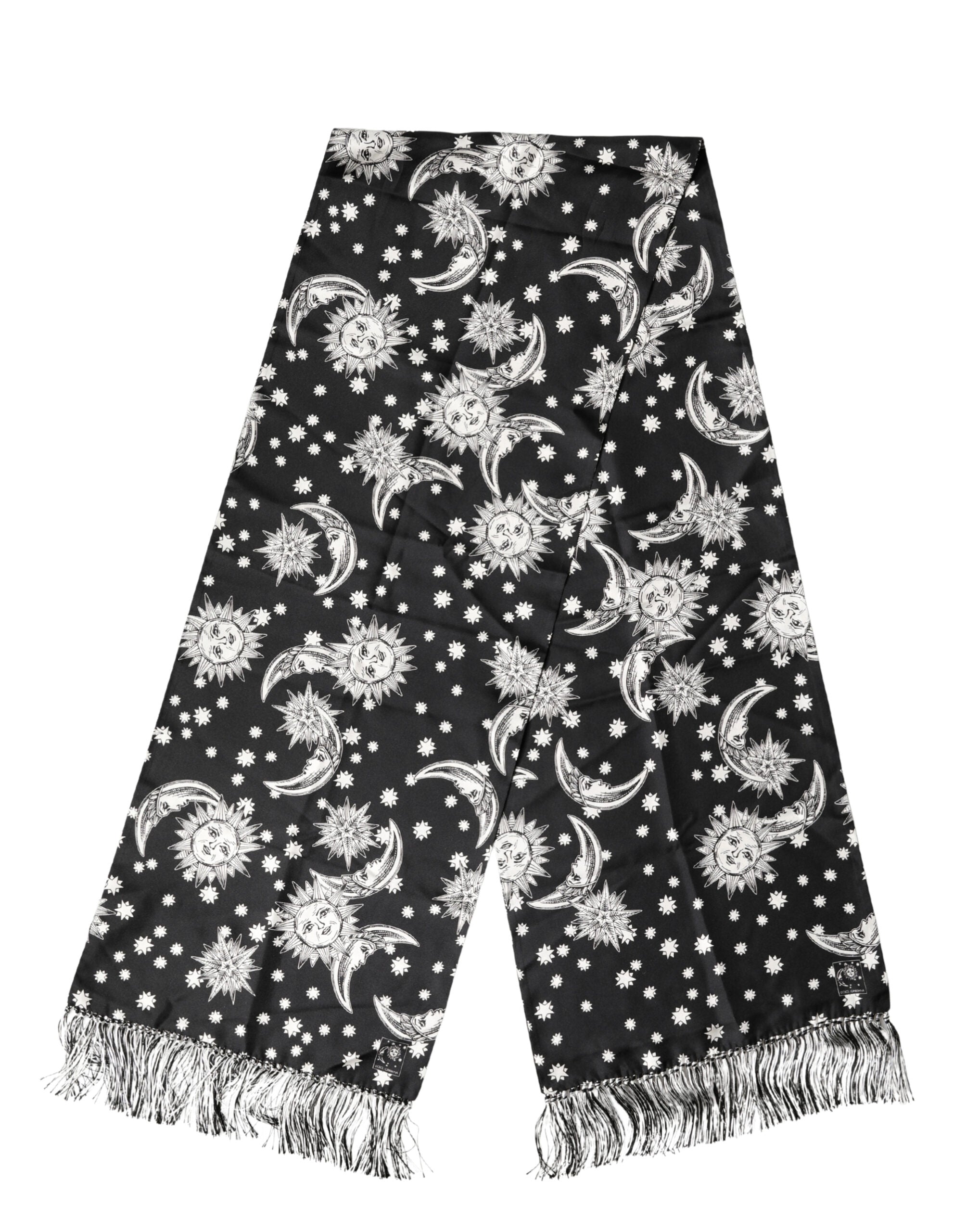 Dolce & Gabbana Foulard a Frange in Seta Nera Luna Sole Stella 178 cm X 33 cm