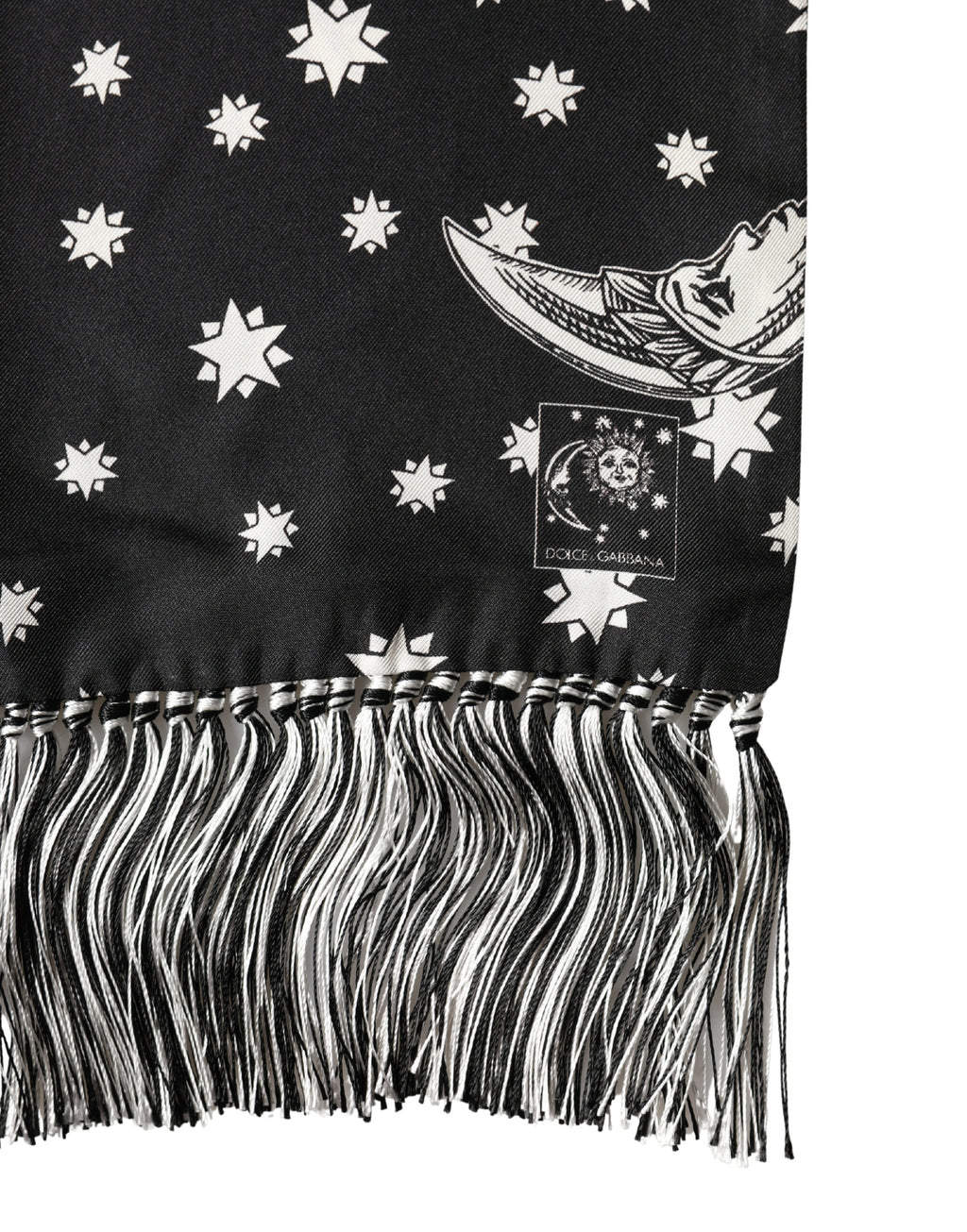Dolce & Gabbana Foulard a Frange in Seta Nera Luna Sole Stella 178 cm X 33 cm