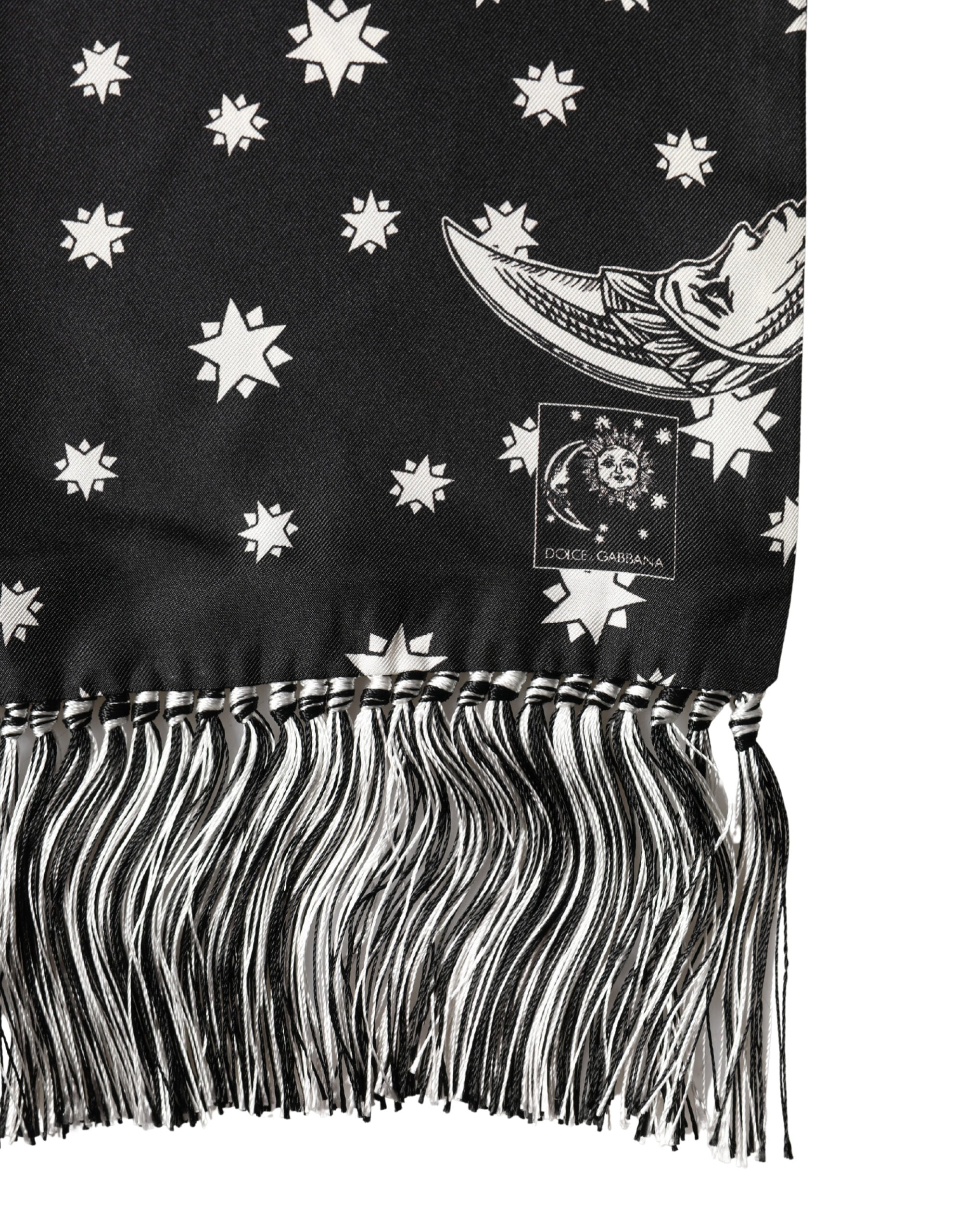 Dolce & Gabbana Foulard a Frange in Seta Nera Luna Sole Stella 178 cm X 33 cm
