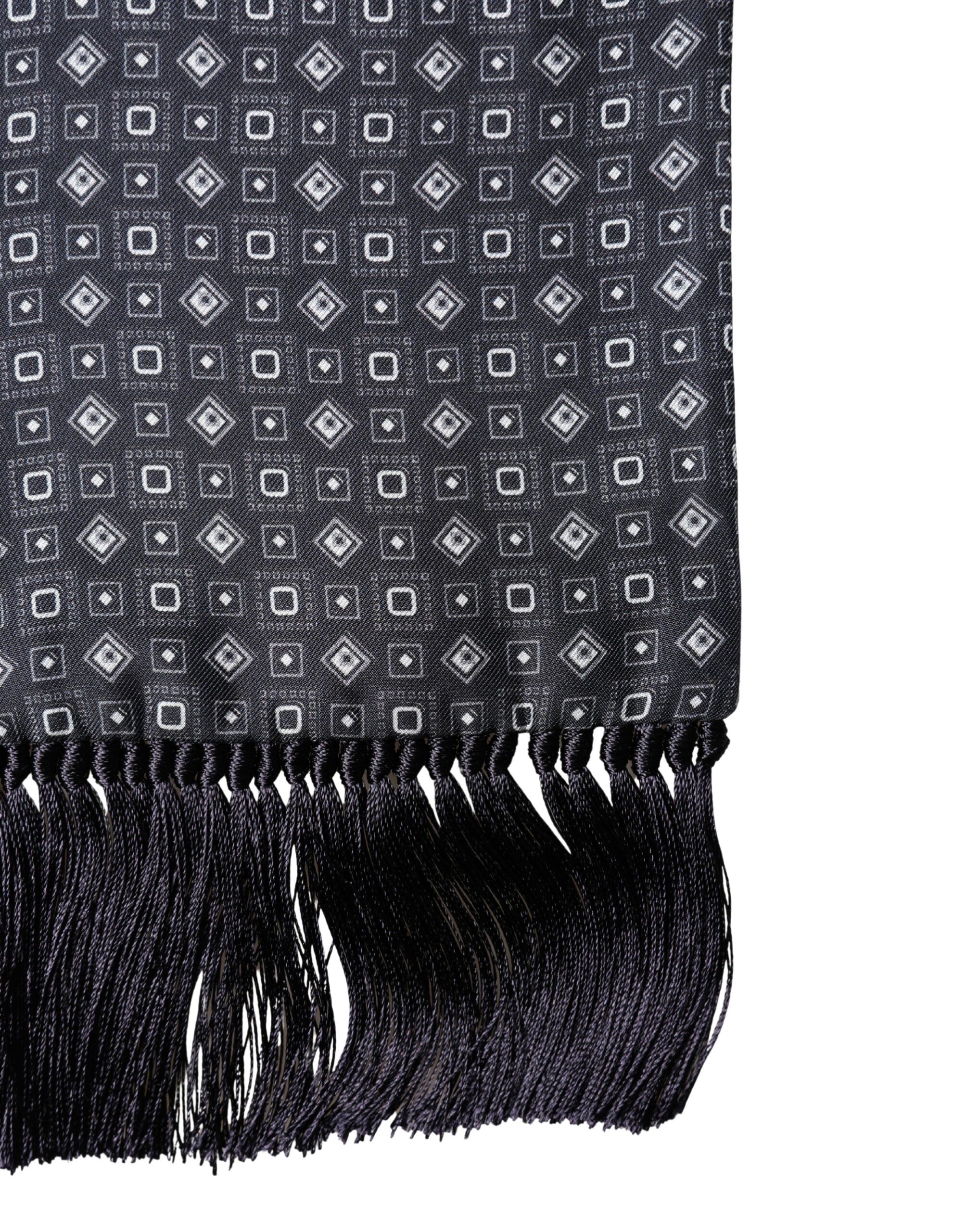 Dolce & Gabbana Sciarpa foulard avvolgente in seta nera con frange geometriche 136 cm X 15 cm