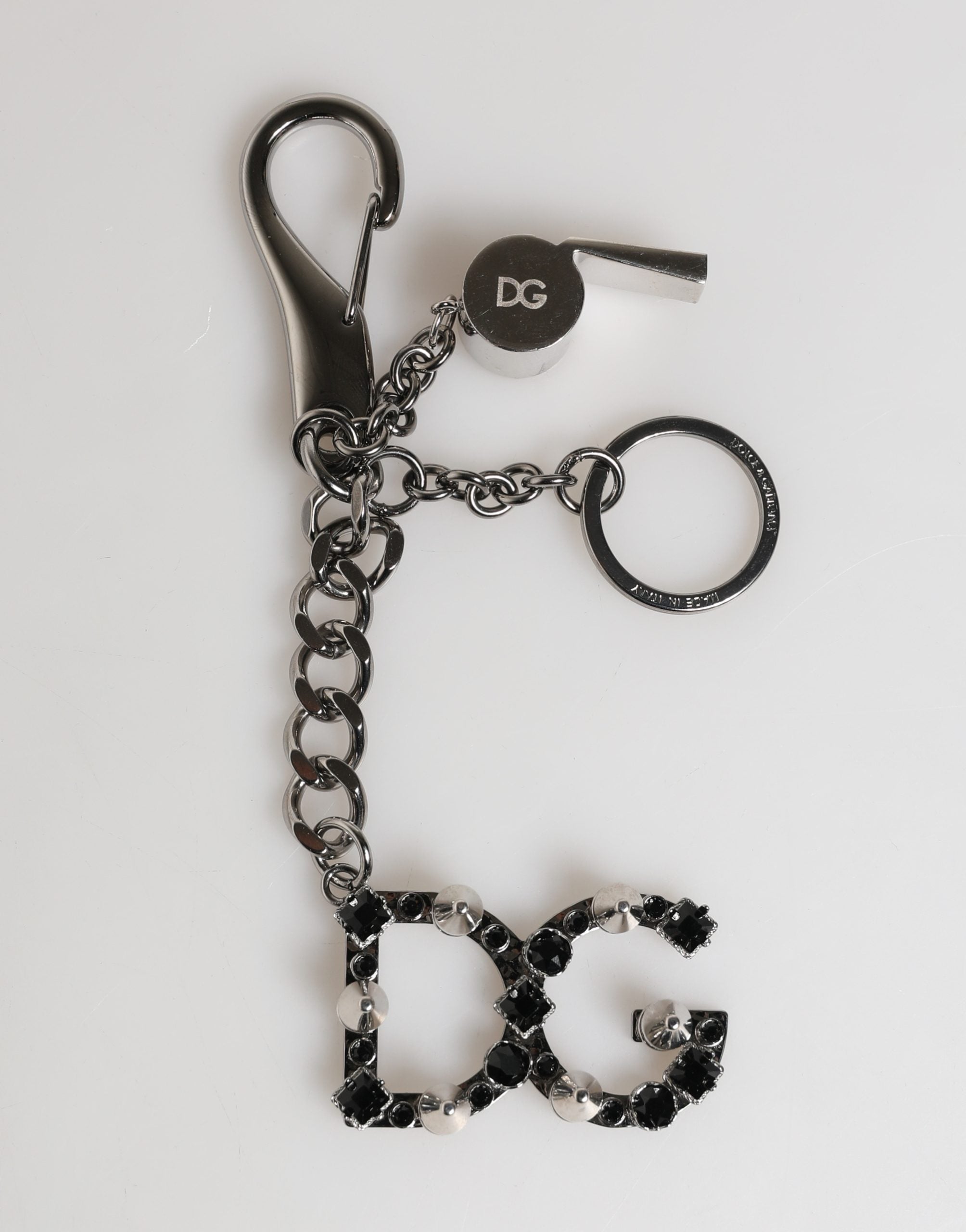 Portachiavi con Anello in Metallo Ottone Argentato con Logo DG e Cristalli Dolce & Gabbana