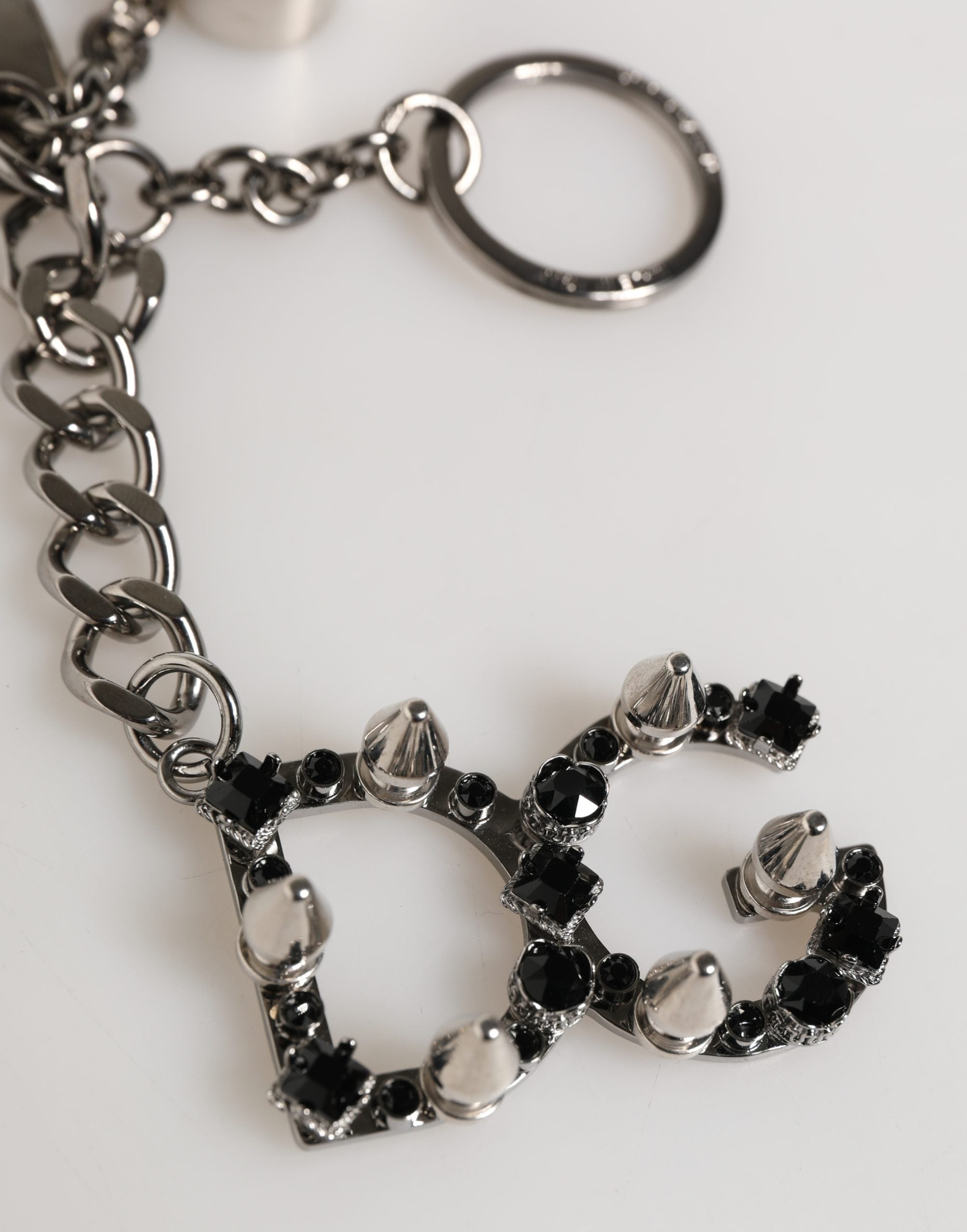 Portachiavi con Anello in Metallo Ottone Argentato con Logo DG e Cristalli Dolce & Gabbana