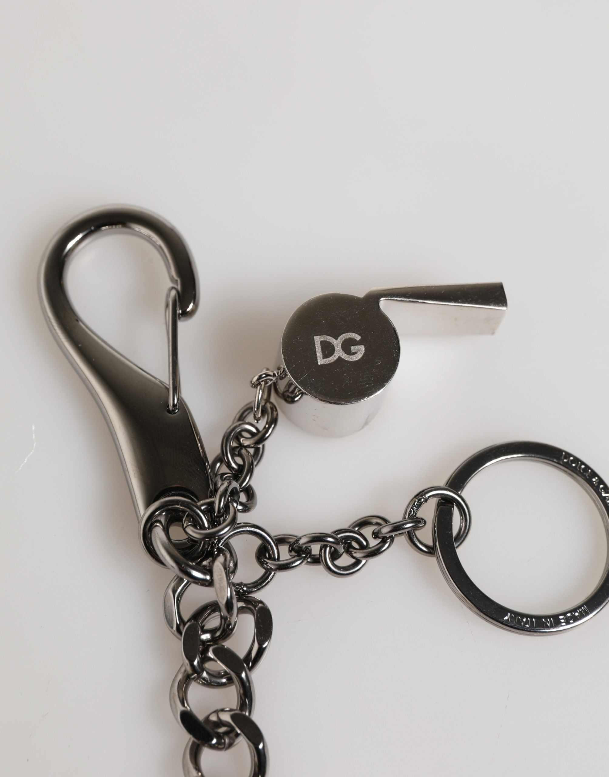 Portachiavi con Anello in Metallo Ottone Argentato con Logo DG e Cristalli Dolce & Gabbana