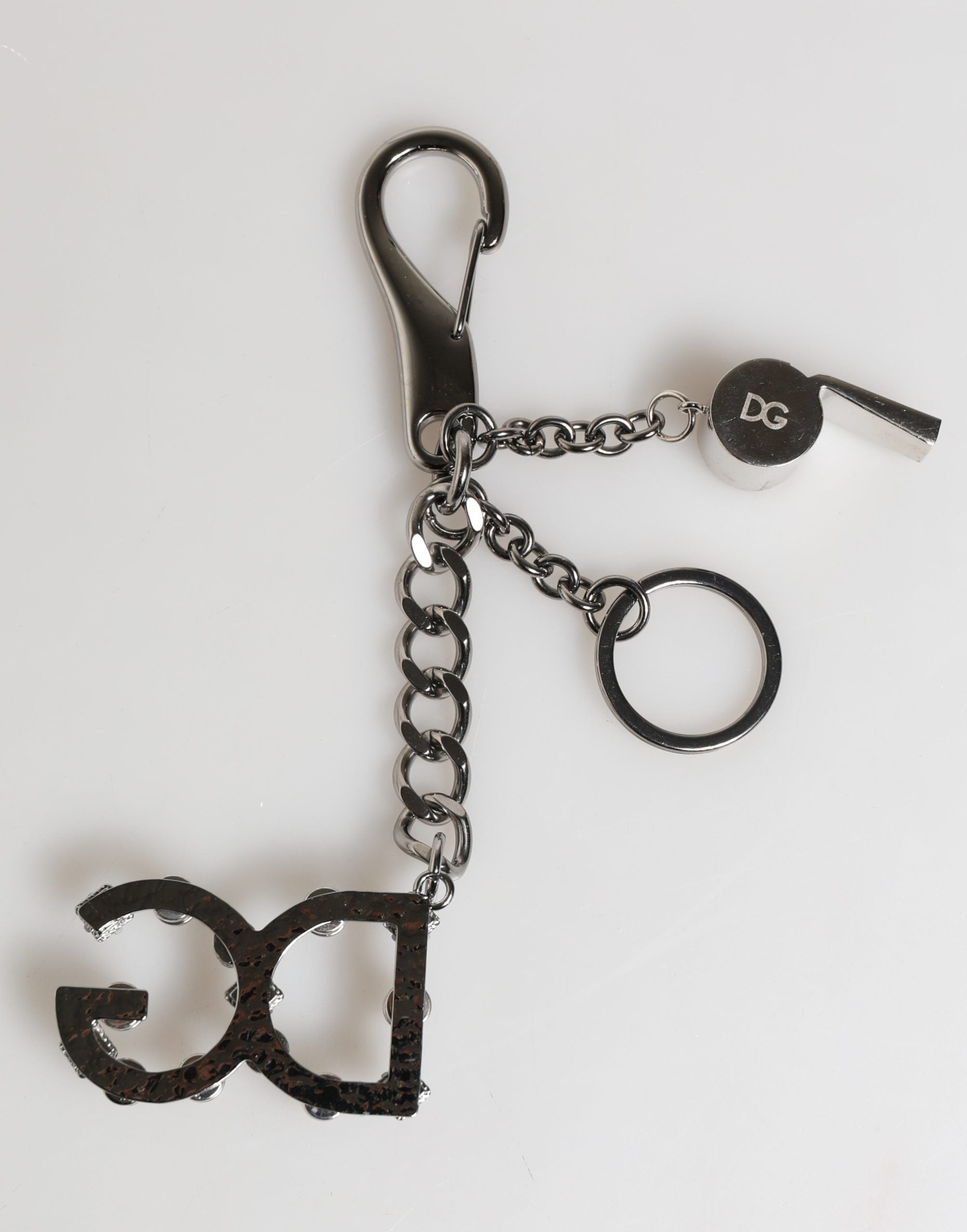 Portachiavi con Anello in Metallo Ottone Argentato con Logo DG e Cristalli Dolce & Gabbana