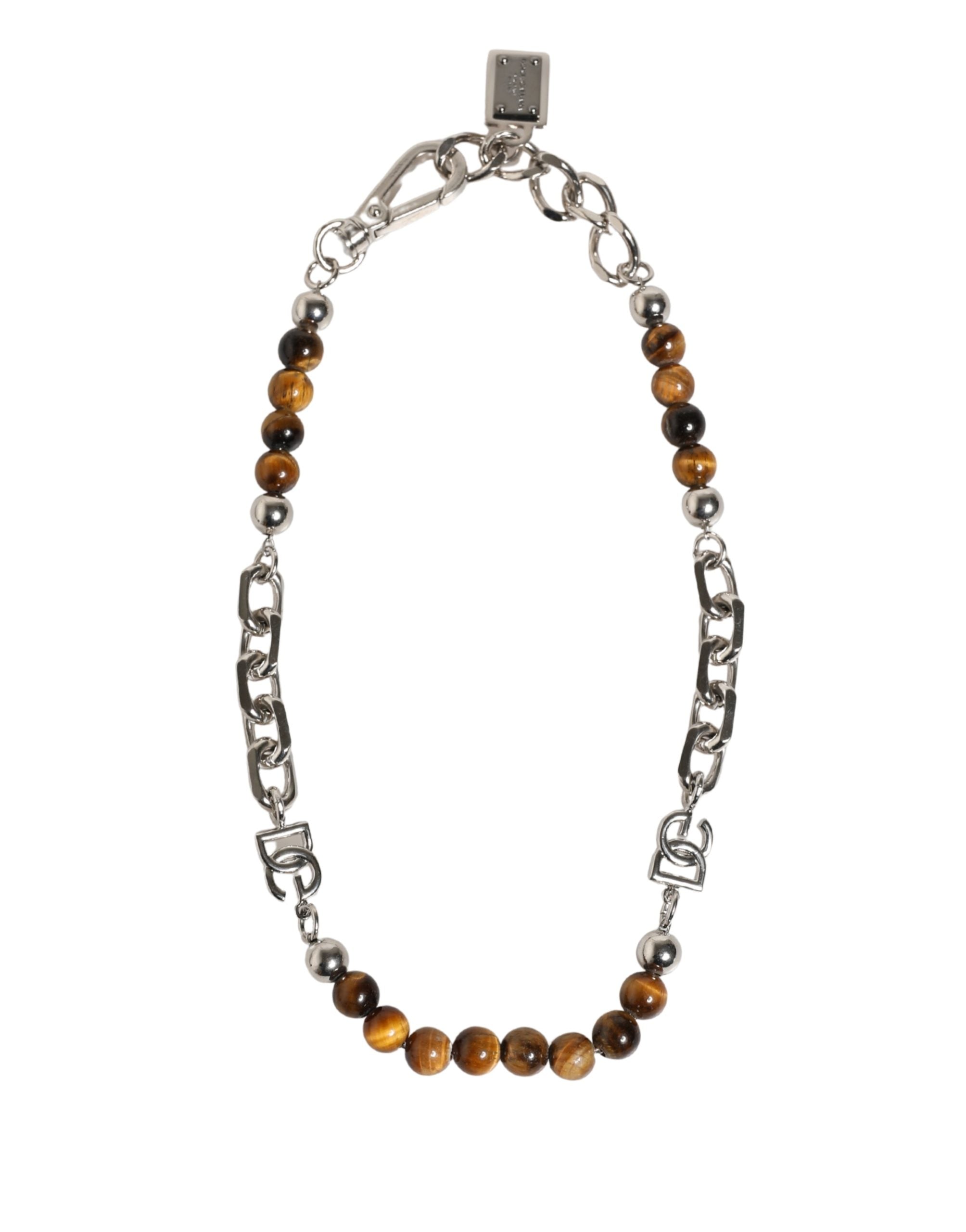 Bracciale Dolce & Gabbana in ottone color argento con catena, perline e logo DG in gemma