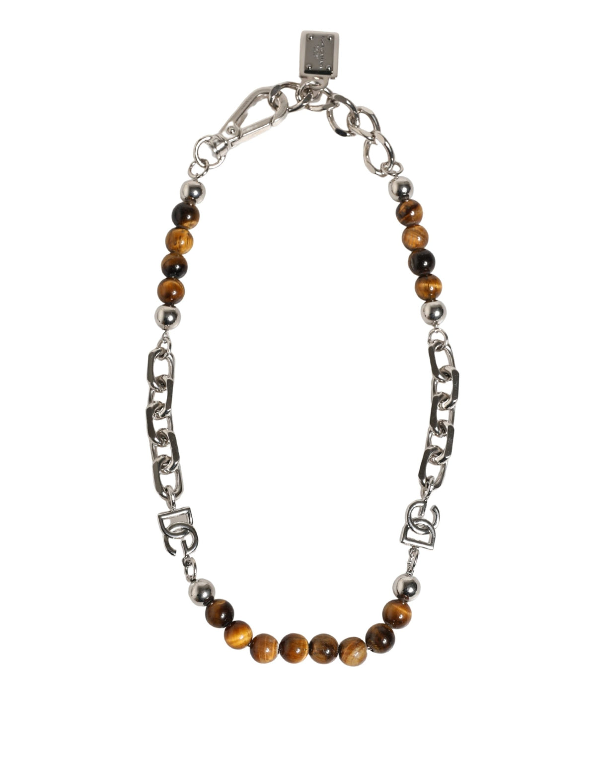 Bracciale Dolce & Gabbana in ottone color argento con catena, perline e logo DG in gemma