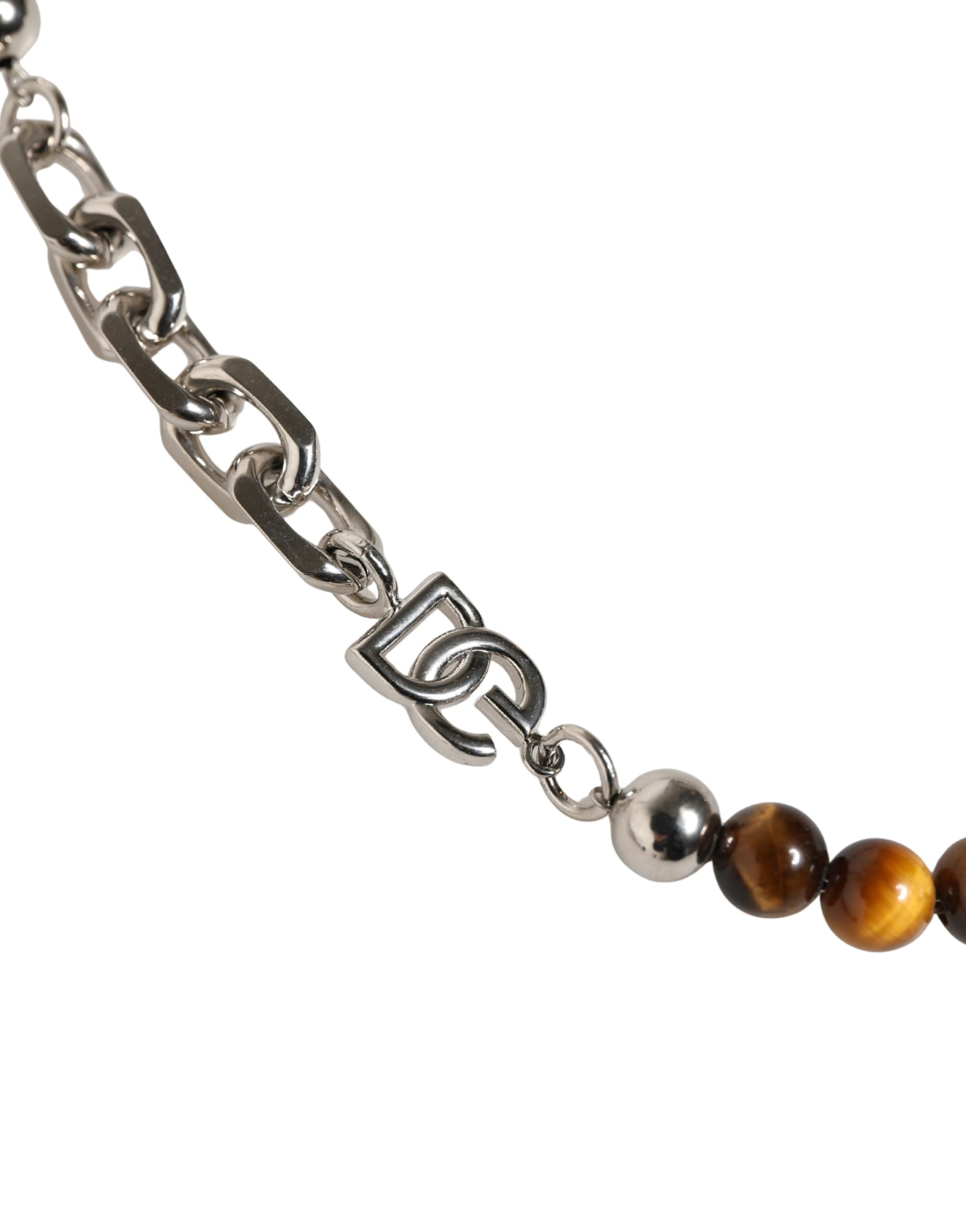 Bracciale Dolce & Gabbana in ottone color argento con catena, perline e logo DG in gemma