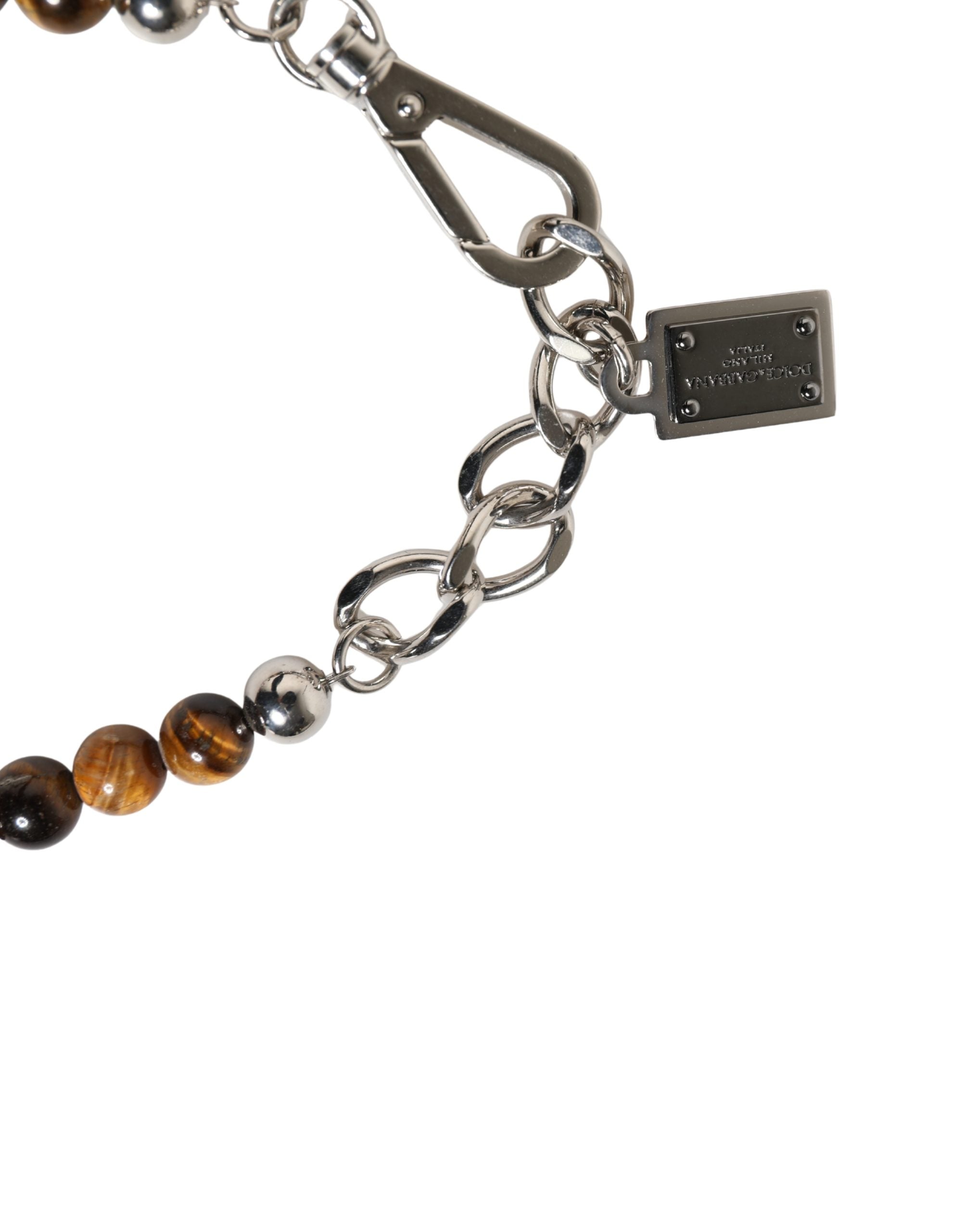 Bracciale Dolce & Gabbana in ottone color argento con catena, perline e logo DG in gemma