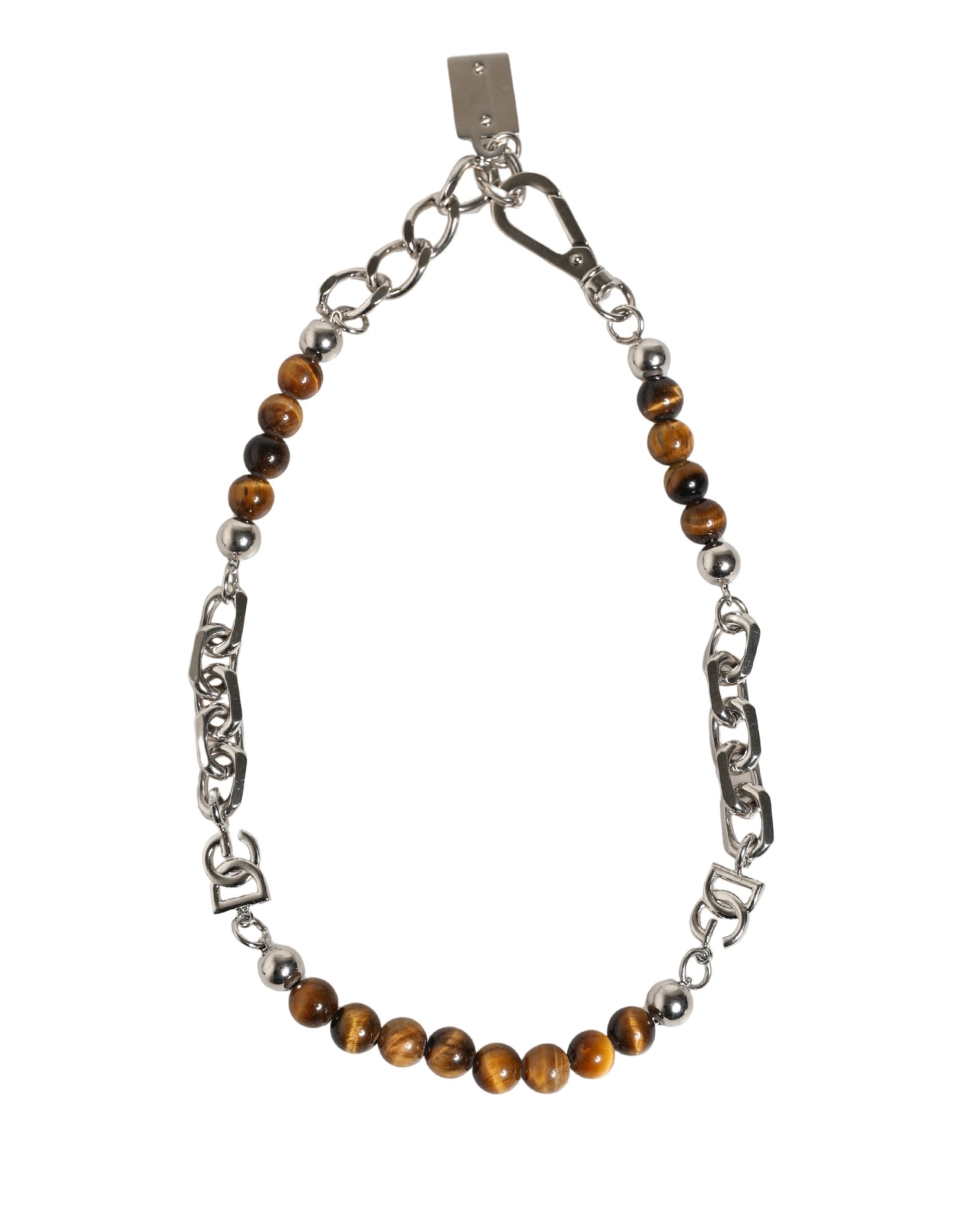Bracciale Dolce & Gabbana in ottone color argento con catena, perline e logo DG in gemma