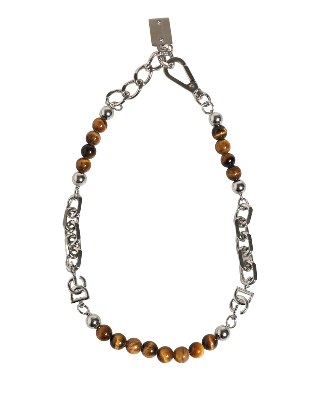 Bracciale Dolce & Gabbana in ottone color argento con catena, perline e logo DG in gemma