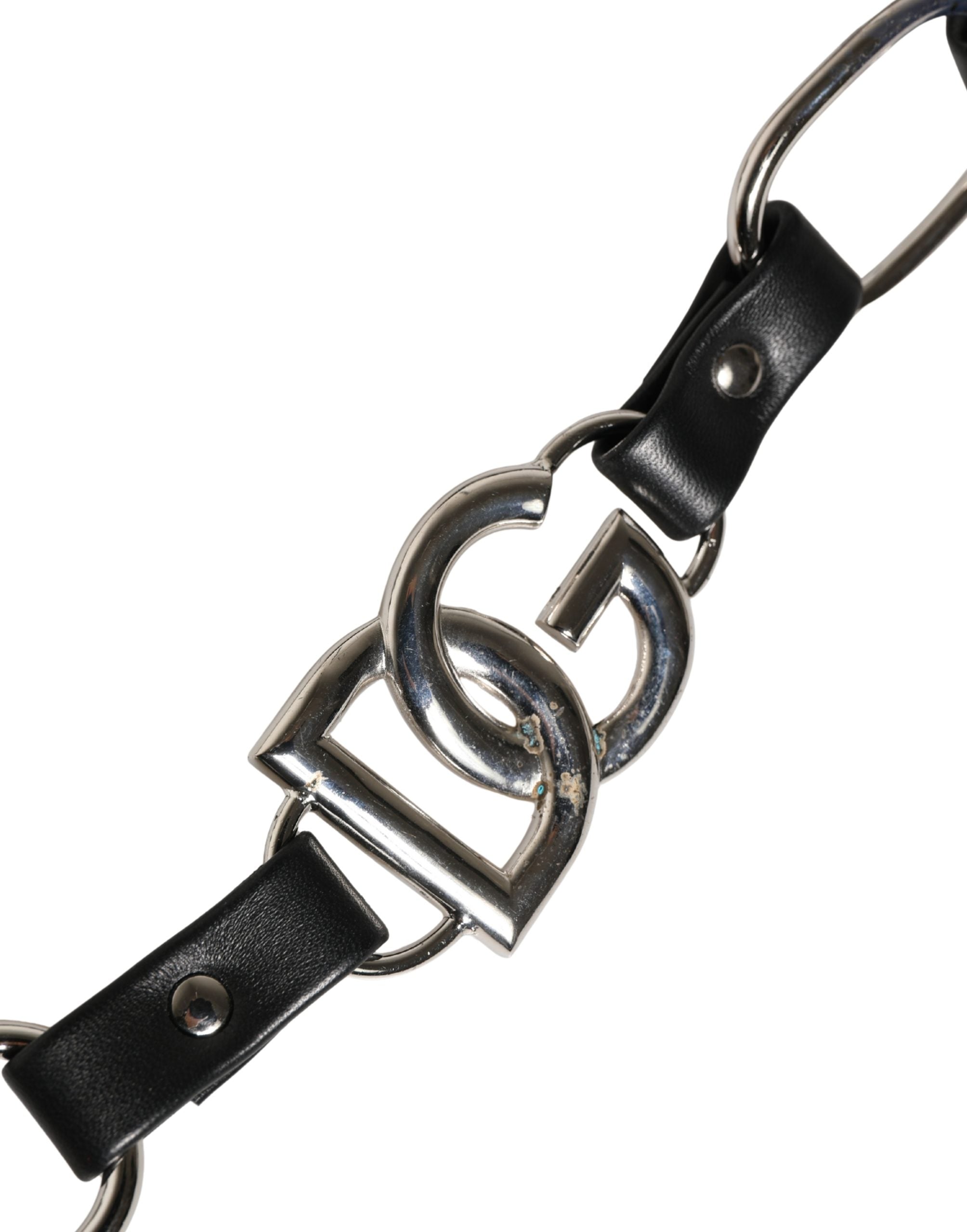 Dolce & Gabbana Tracolla Accessoria in Pelle Nera con Catena Argento