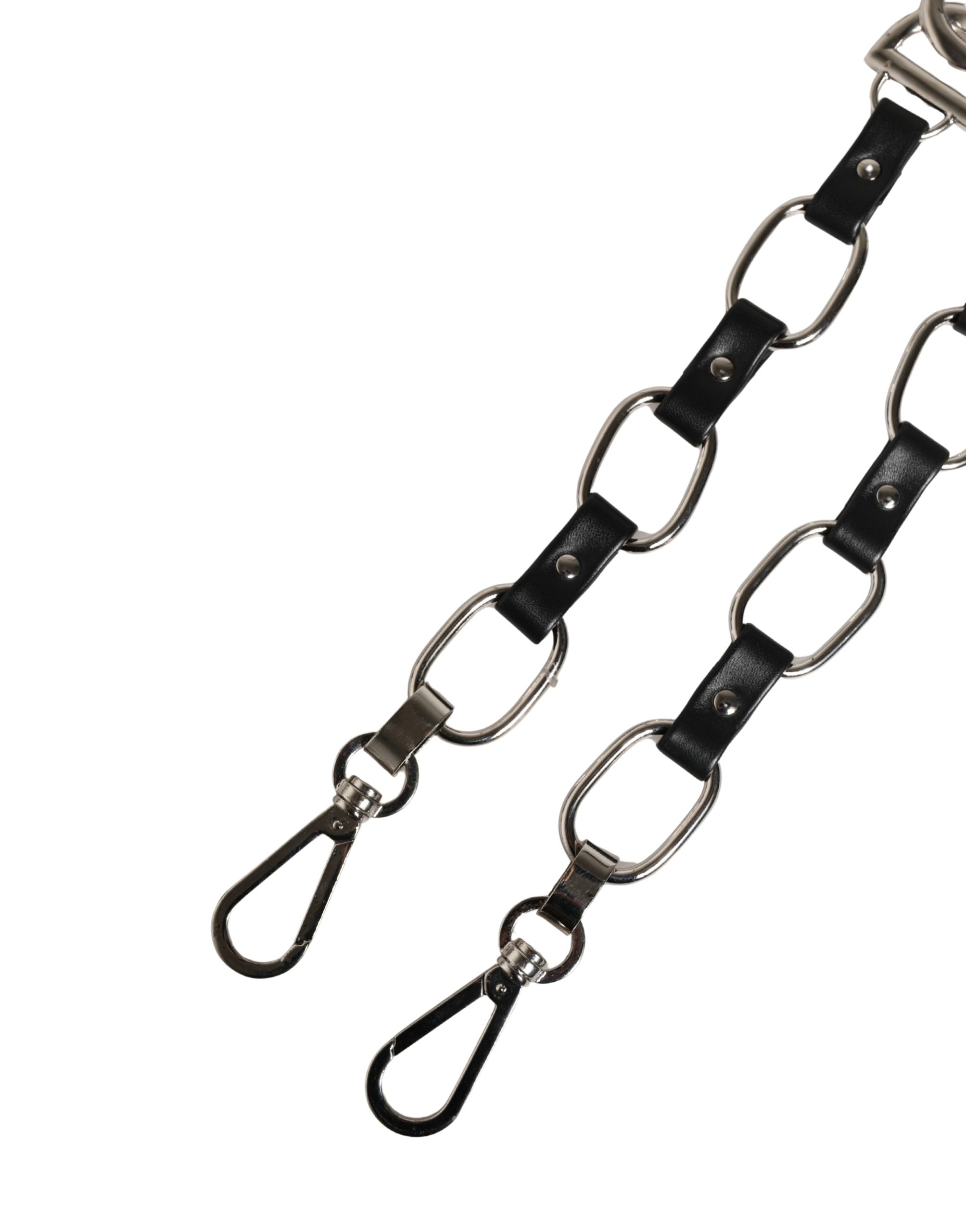 Dolce & Gabbana Tracolla Accessoria in Pelle Nera con Catena Argento