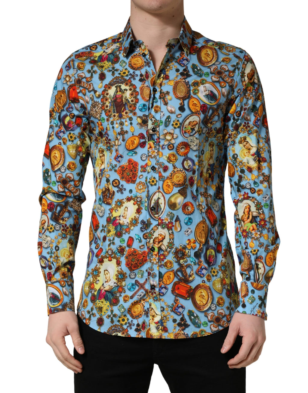 Camicia Dolce & Gabbana GOLD in cotone blu con stampa gioiello e bottoni