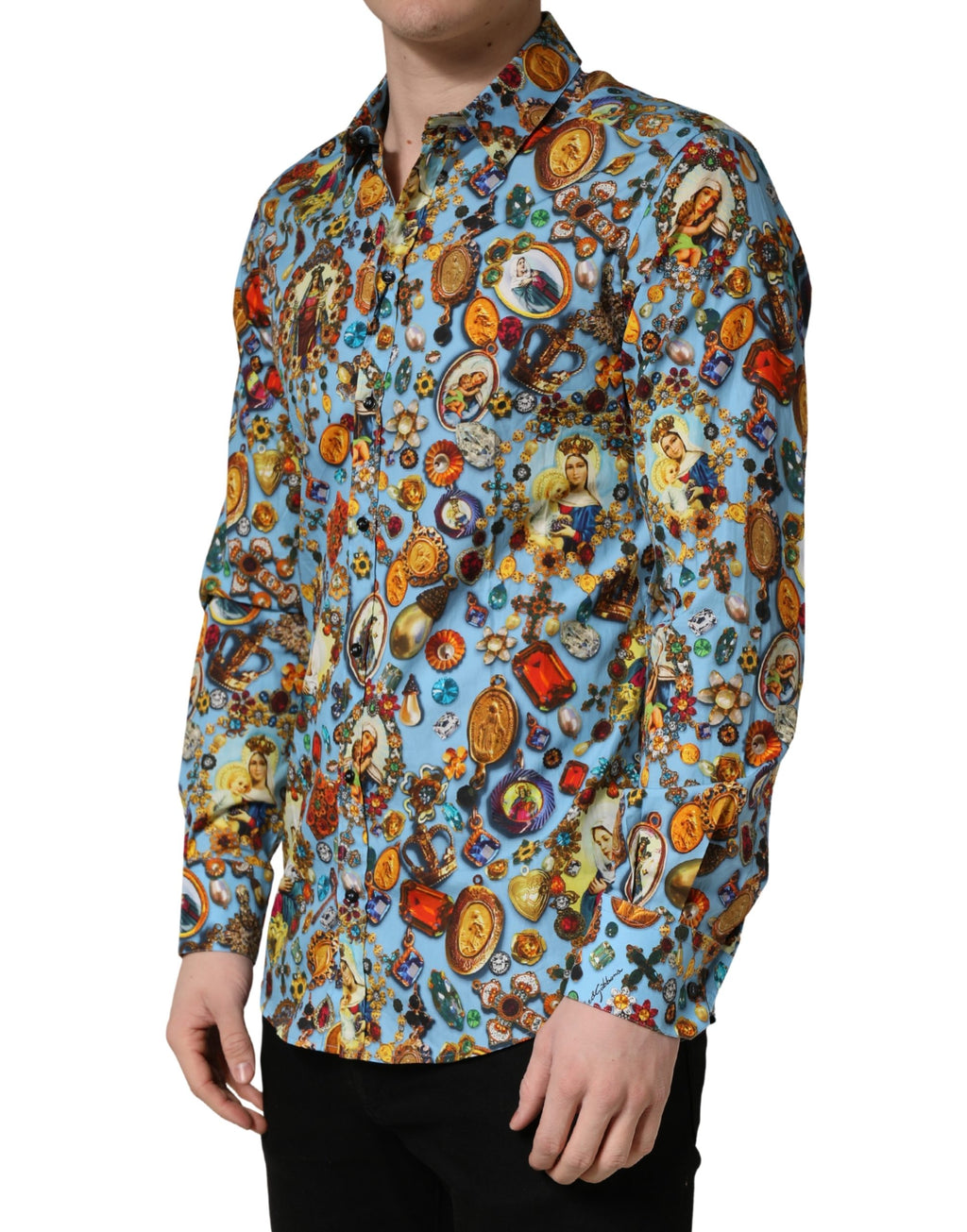 Camicia Dolce & Gabbana GOLD in cotone blu con stampa gioiello e bottoni