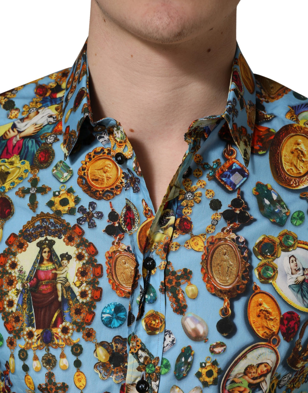 Camicia Dolce & Gabbana GOLD in cotone blu con stampa gioiello e bottoni