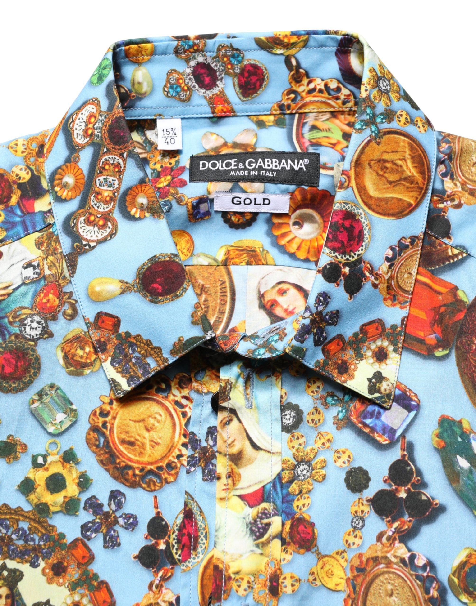 Camicia Dolce & Gabbana GOLD in cotone blu con stampa gioiello e bottoni