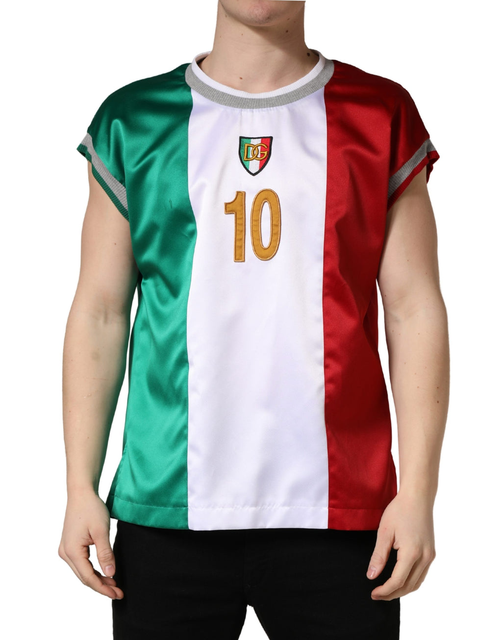 T-shirt smanicata in raso multicolor Italia DG Logo di Dolce & Gabbana