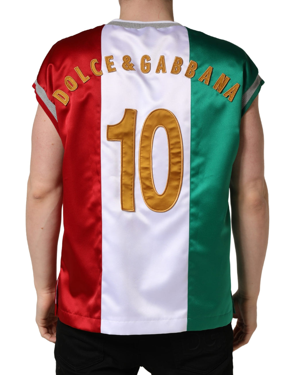 T-shirt smanicata in raso multicolor Italia DG Logo di Dolce & Gabbana