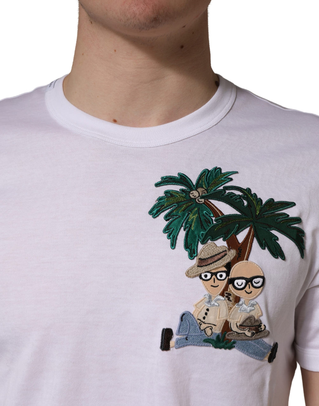 T-shirt girocollo da uomo Dolce & Gabbana bianca con ricamo a palma