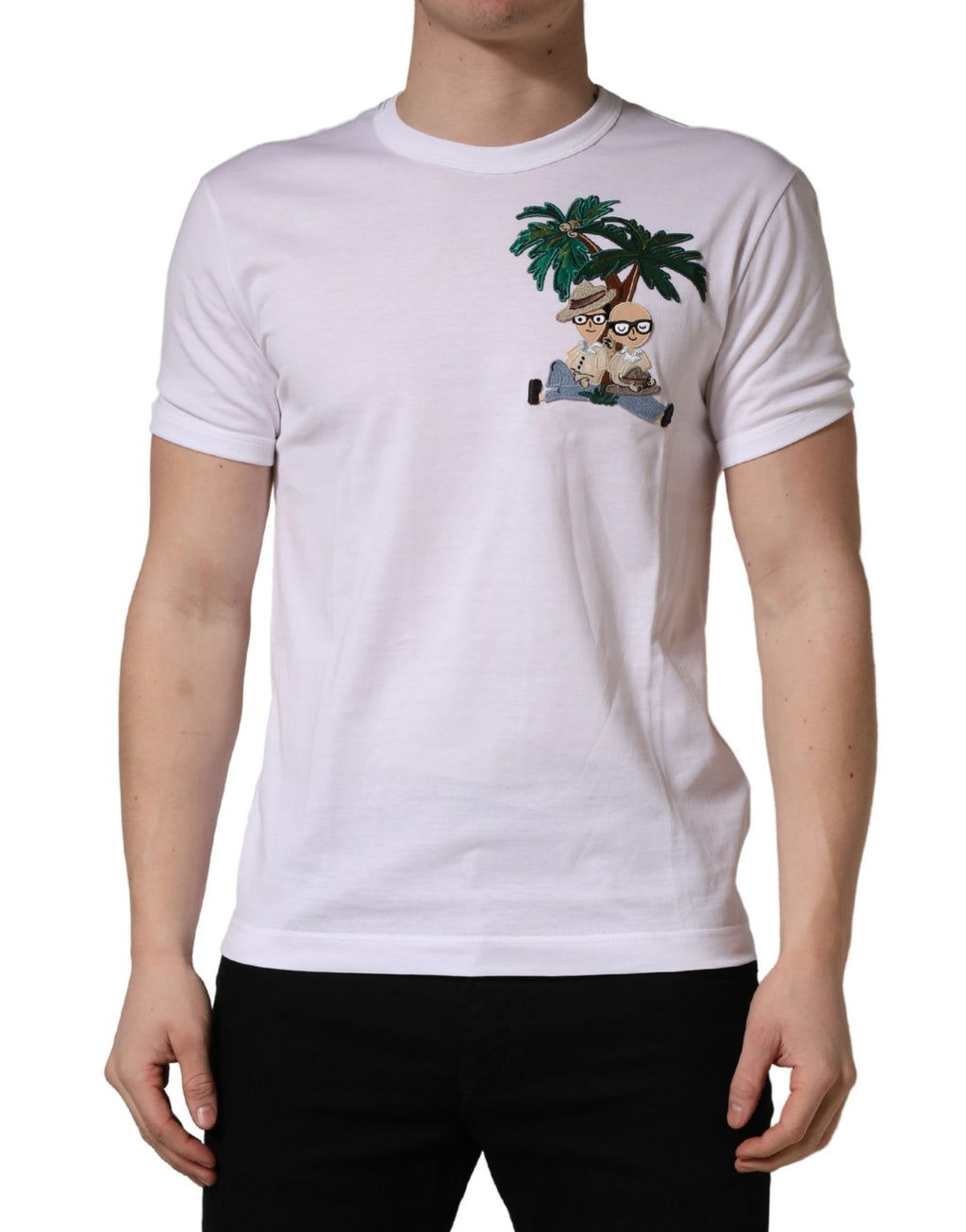 T-shirt girocollo da uomo Dolce & Gabbana bianca con ricamo a palma
