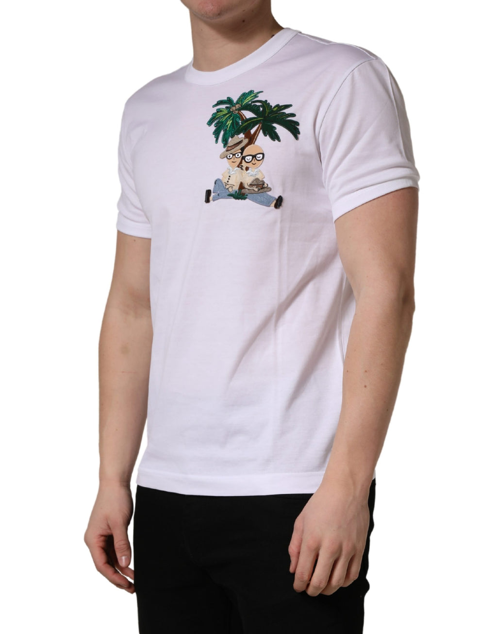 T-shirt girocollo da uomo Dolce & Gabbana bianca con ricamo a palma