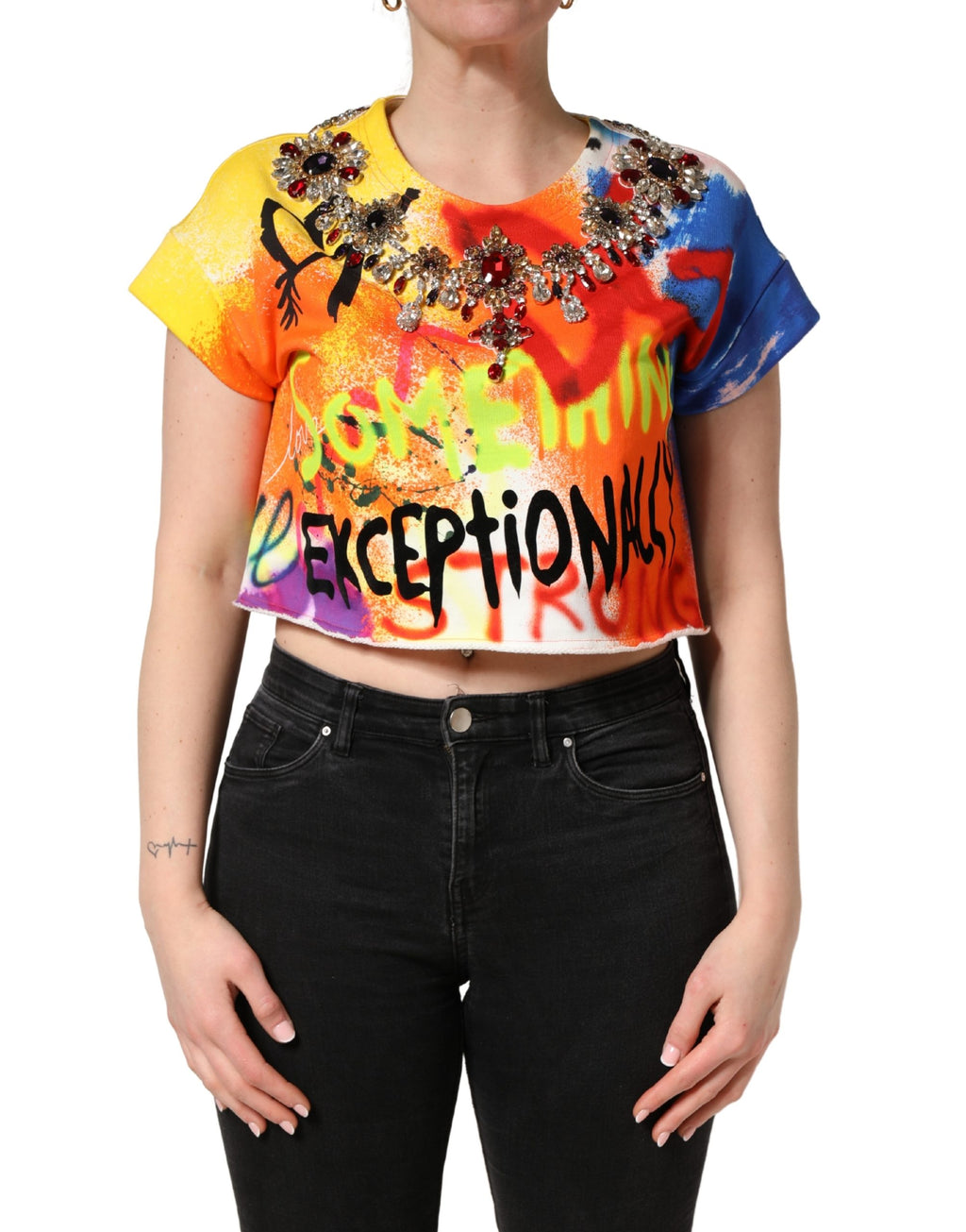 Top crop in jersey Dolce & Gabbana con cristalli e stampa graffiti multicolor