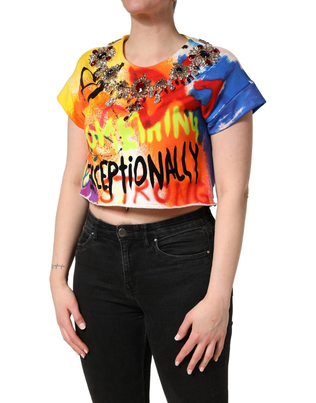 Top crop in jersey Dolce & Gabbana con cristalli e stampa graffiti multicolor