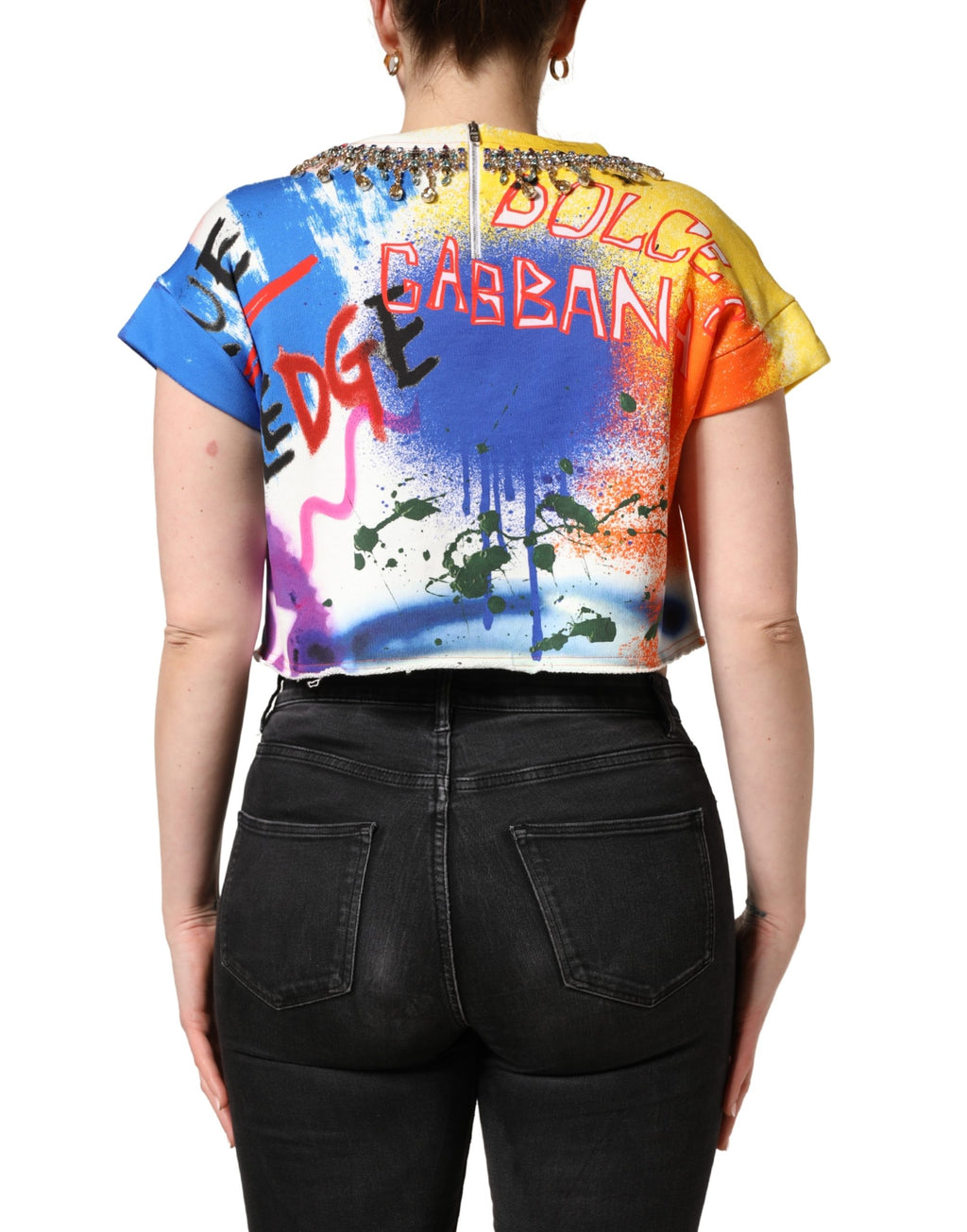 Top crop in jersey Dolce & Gabbana con cristalli e stampa graffiti multicolor