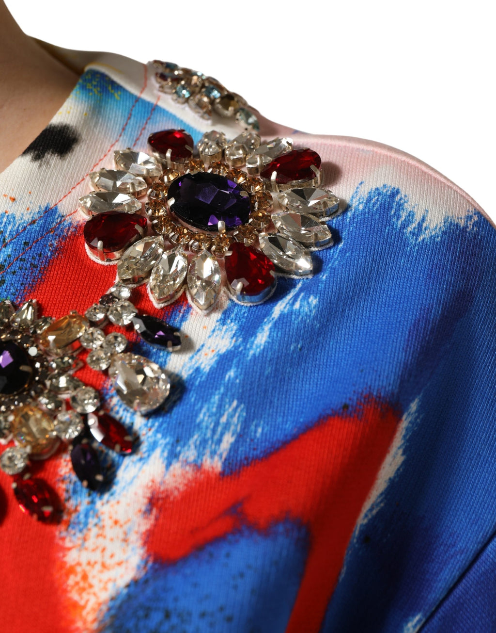 Top crop in jersey Dolce & Gabbana con cristalli e stampa graffiti multicolor