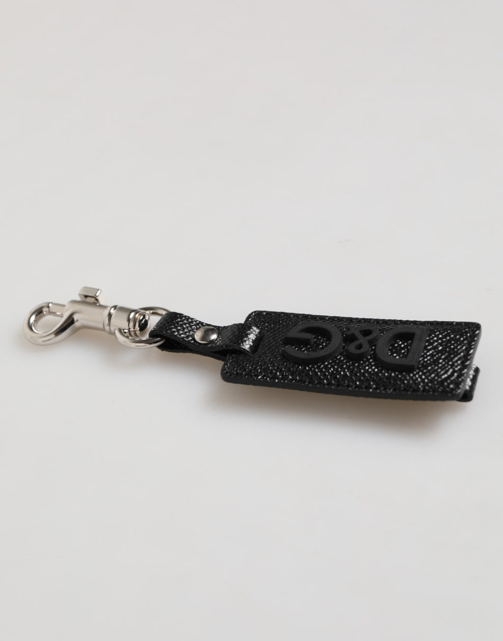 Dolce & Gabbana Portachiavi da Uomo in Pelle Nera con Logo DG e Metallo Argentato