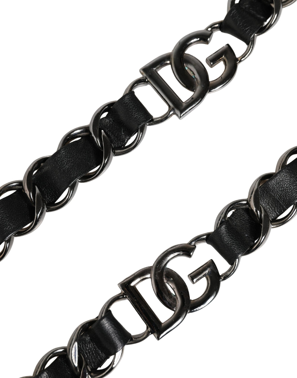 Dolce & Gabbana Tracolla Accessoria in Pelle Nera con Catena Argento