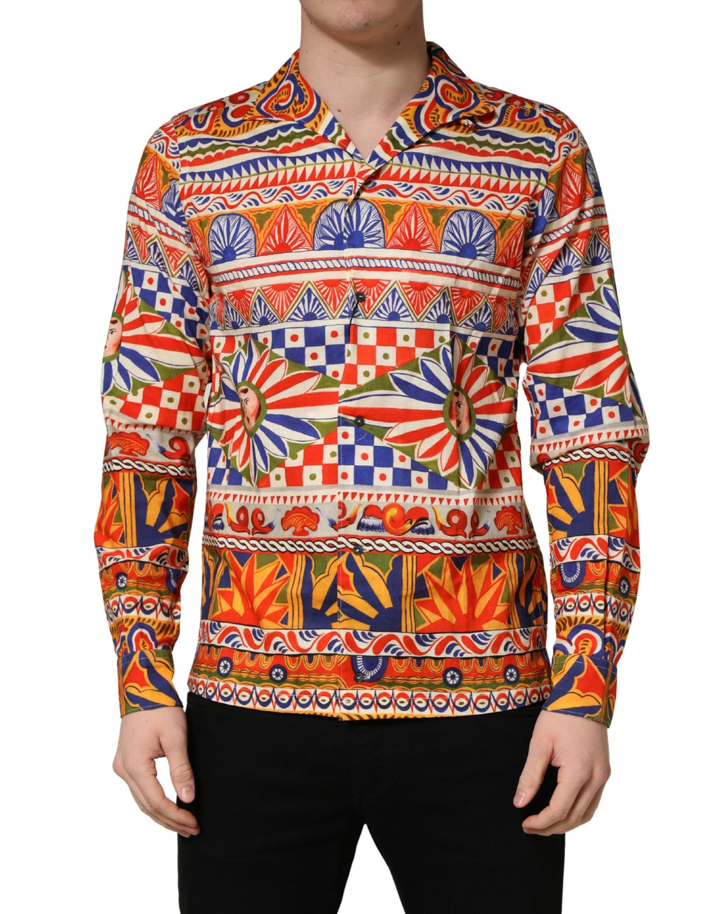 Camicia Uomo Dolce & Gabbana in Twill di Cotone Fantasia Carretto Siciliano Multicolor