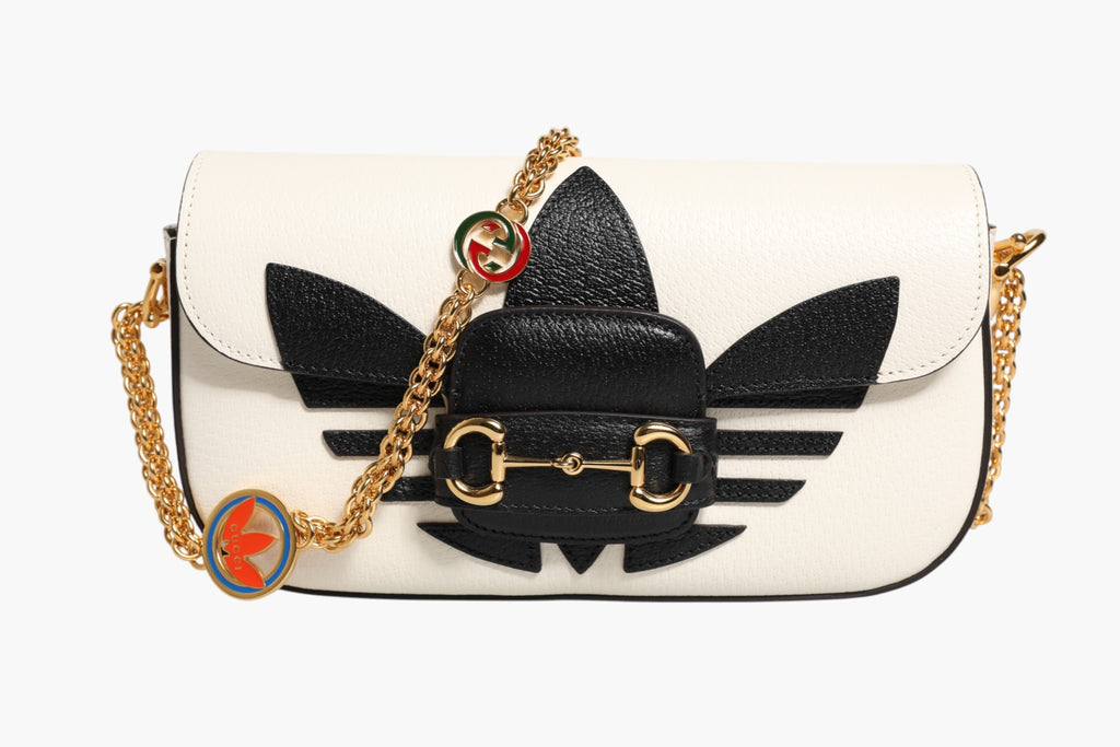 Borsa a spalla Gucci x Adidas Horsebit 1955 in pelle di vitello bianca e nera