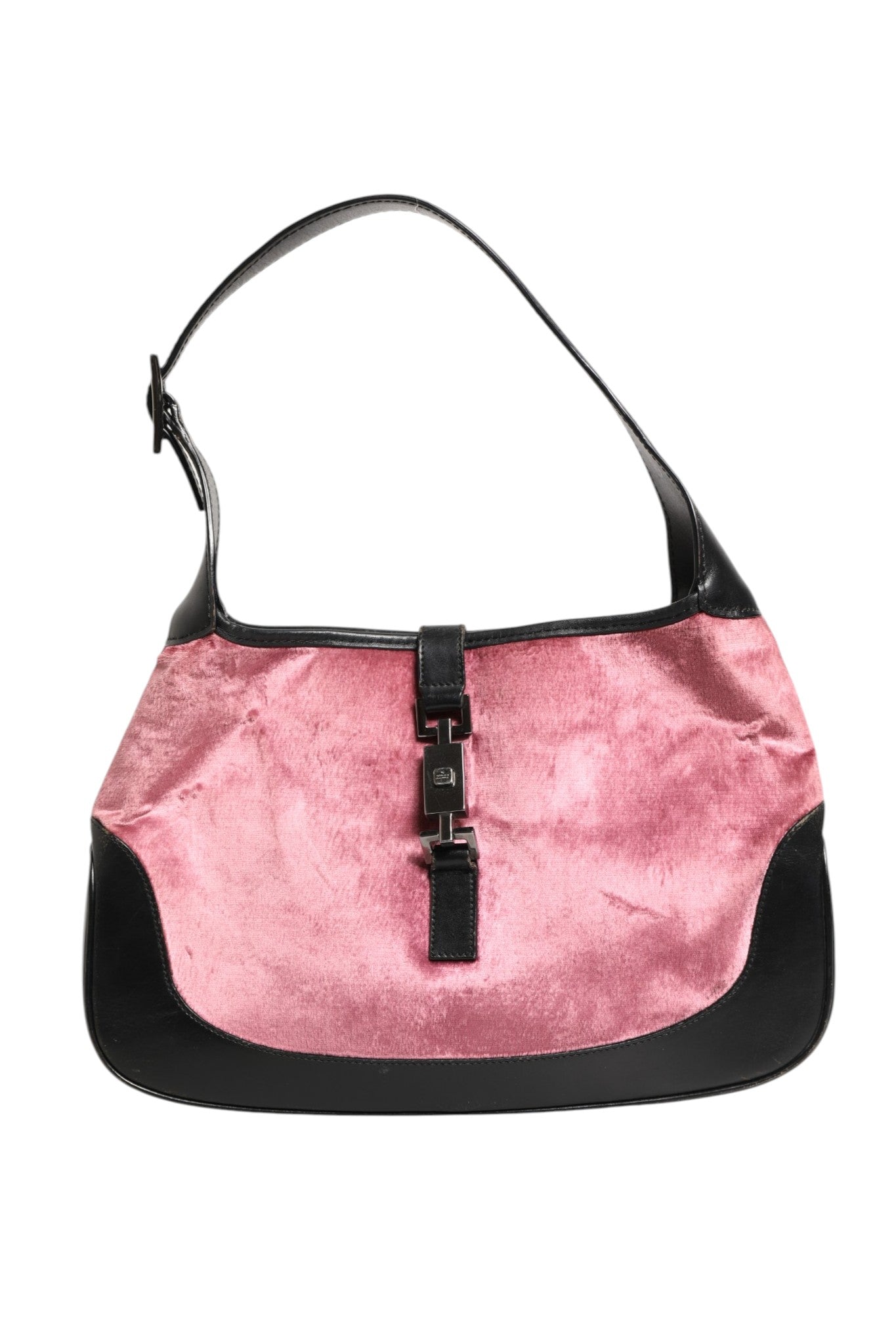 Borsa a Spalla Gucci Jackie in Velluto Rosa e Pelle Nera