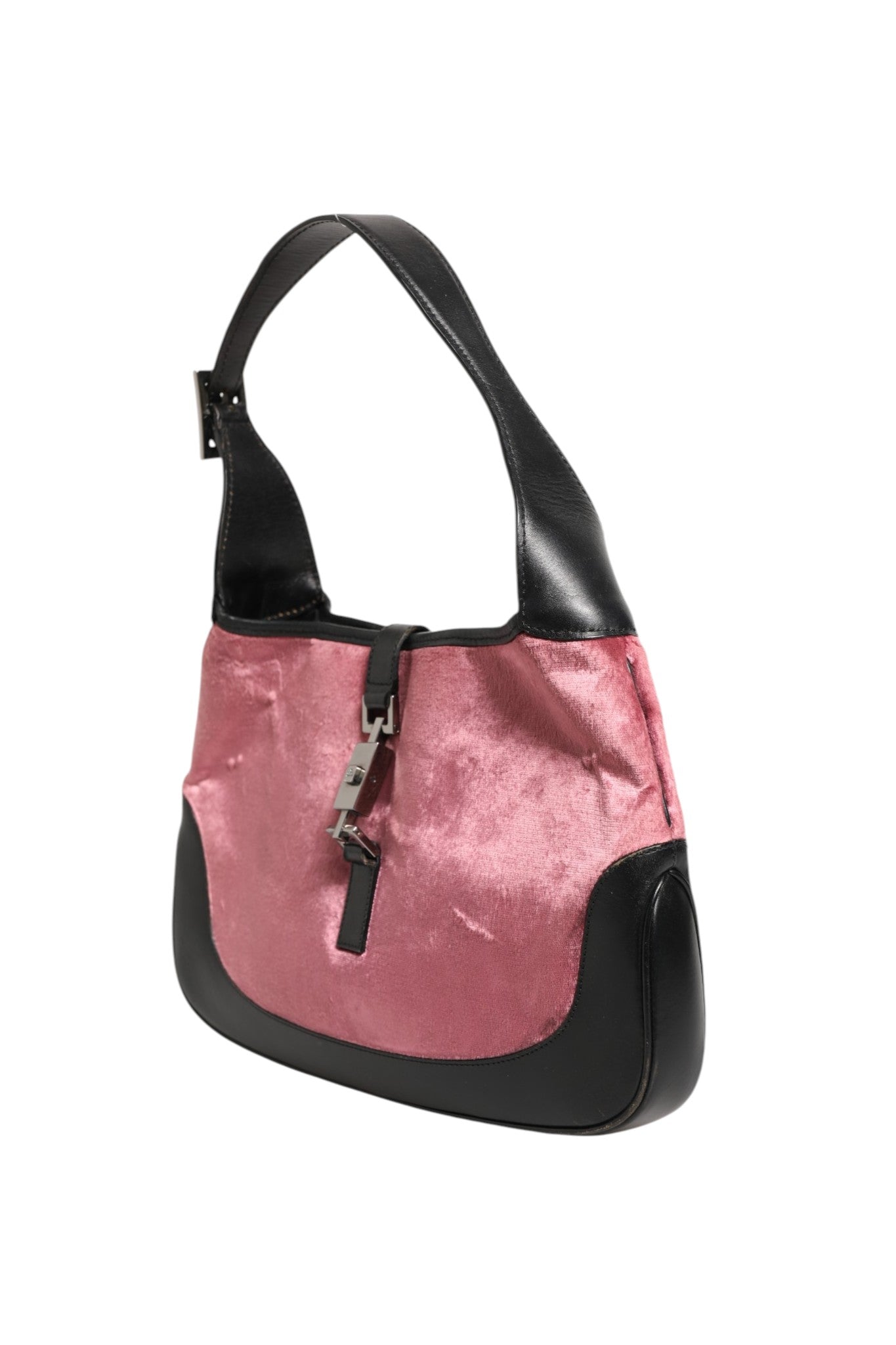 Borsa a Spalla Gucci Jackie in Velluto Rosa e Pelle Nera