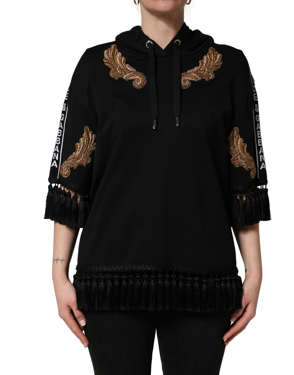 Felpa con cappuccio e nappe ricamate nera Dolce & Gabbana