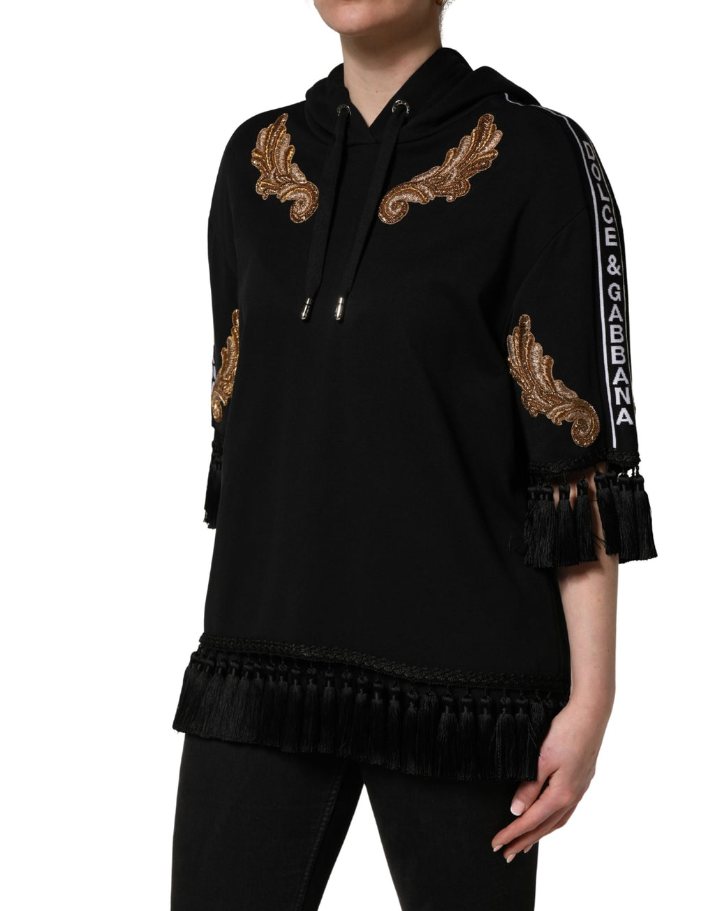 Felpa con cappuccio e nappe ricamate nera Dolce & Gabbana