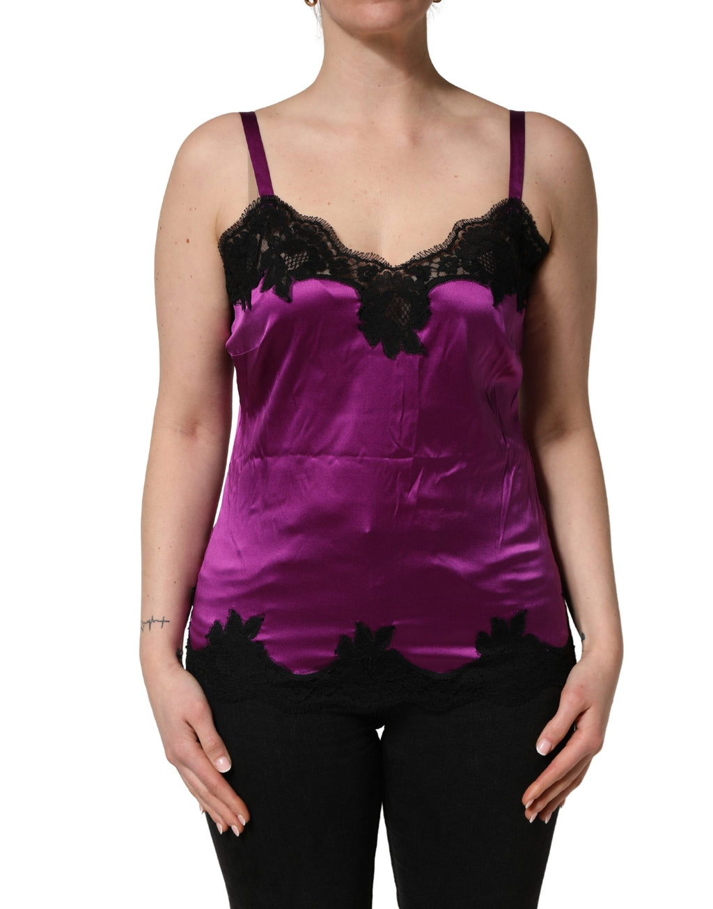 Canotta Dolce & Gabbana in seta viola con finiture in pizzo senza maniche