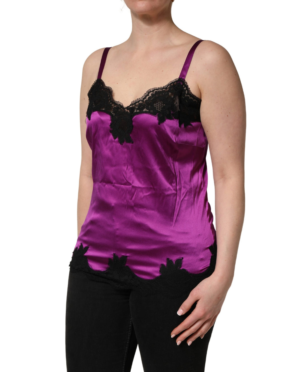Canotta Dolce & Gabbana in seta viola con finiture in pizzo senza maniche