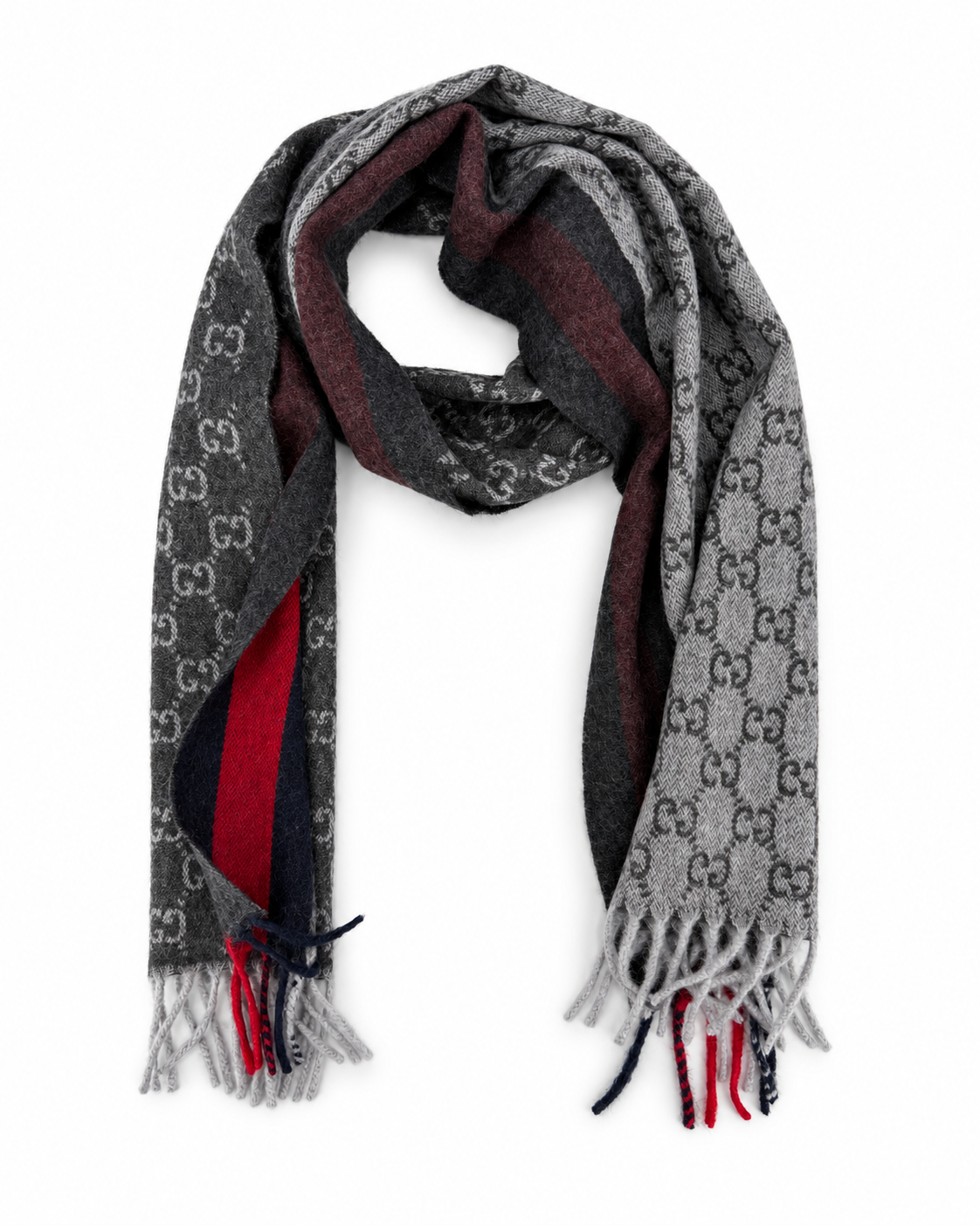 Gucci Monogram Charcoal Grey Cashmere & Wool Scarf with Red & Navy Stripe