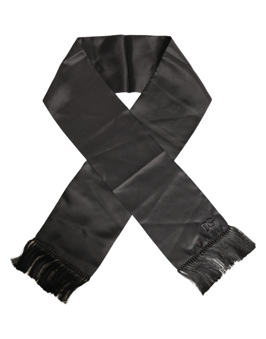 Dolce & Gabbana Black Satin Silk Fringed Lace Stole Scarf
