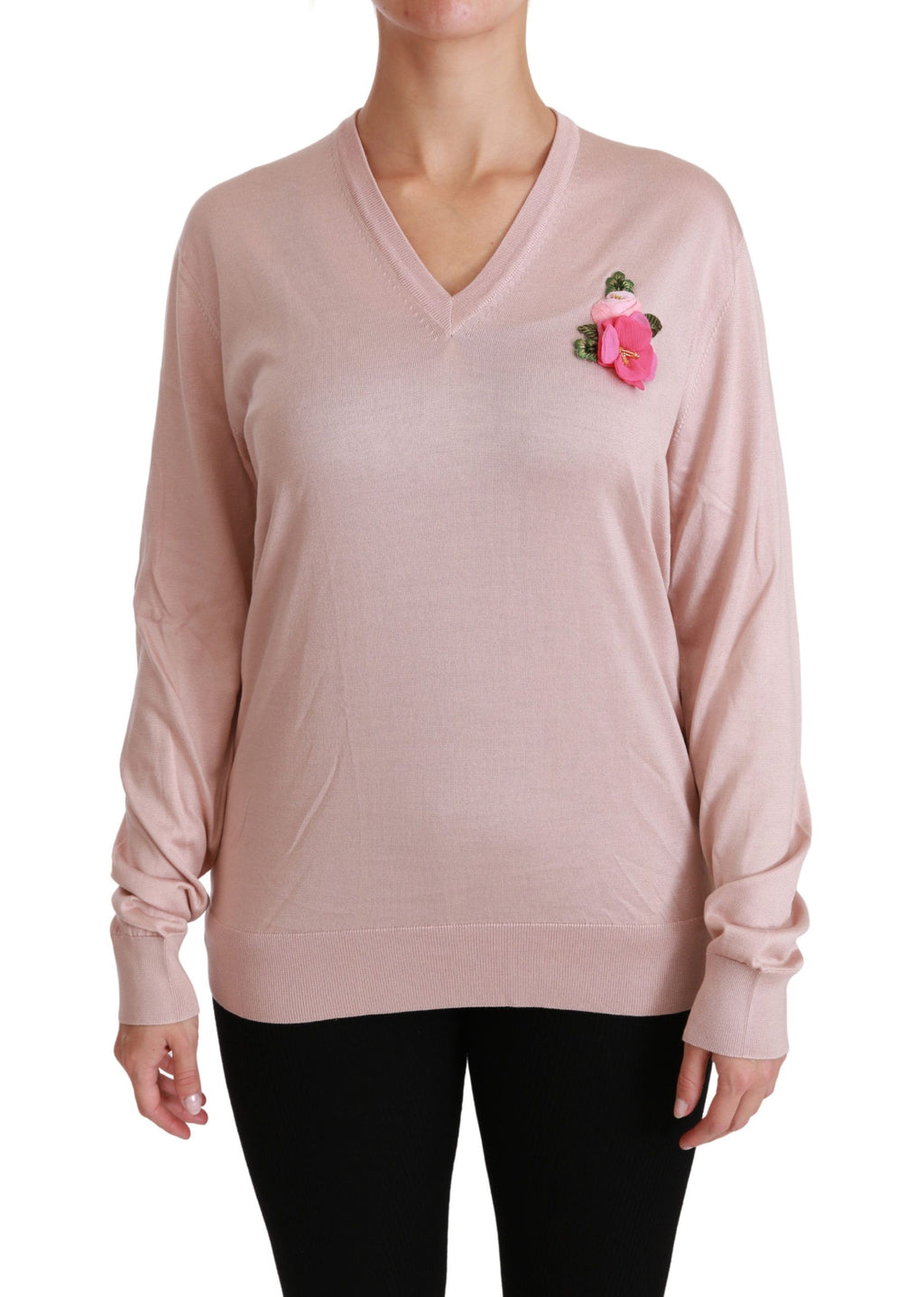 Maglione in seta pullover Dolce & Gabbana rosa con applicazioni floreali