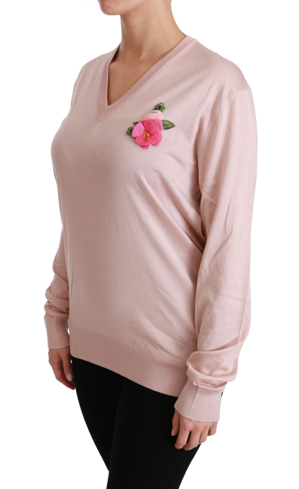 Maglione in seta pullover Dolce & Gabbana rosa con applicazioni floreali