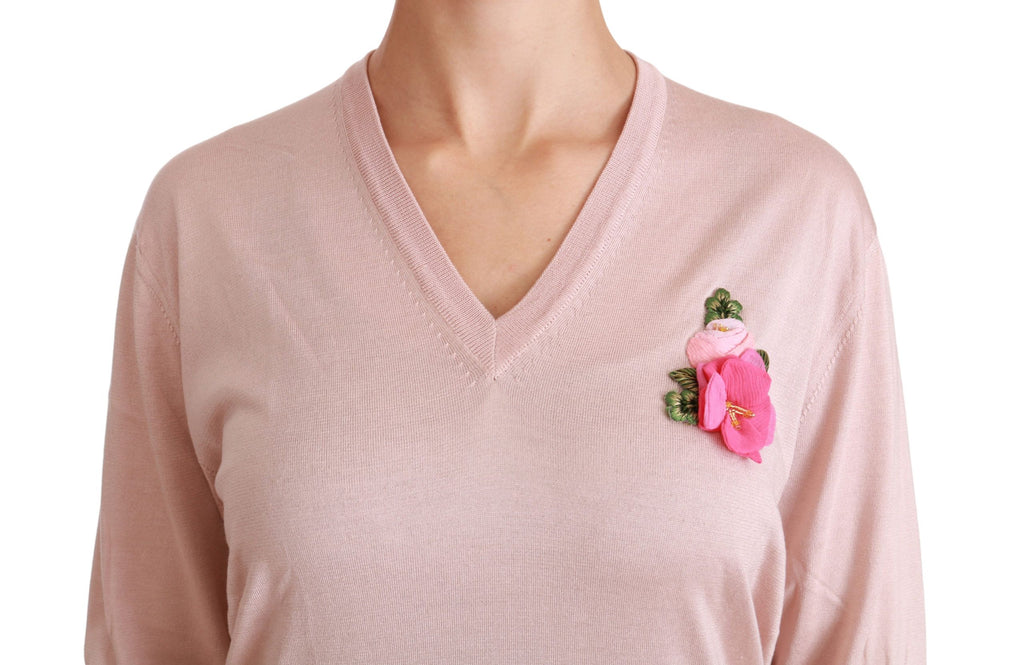 Maglione in seta pullover Dolce & Gabbana rosa con applicazioni floreali