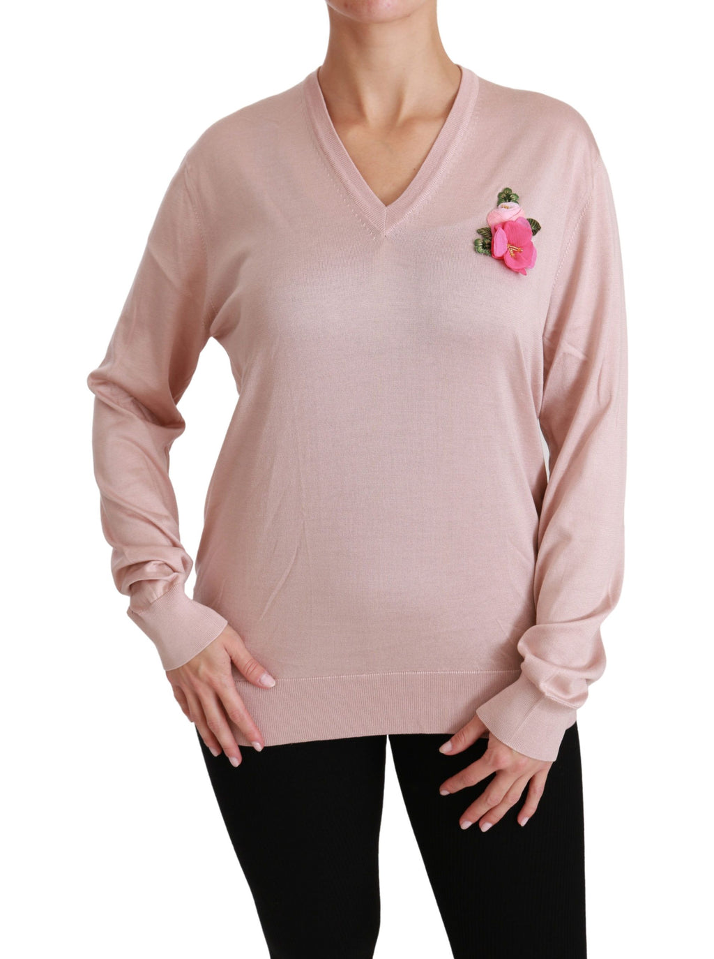 Maglione in seta pullover Dolce & Gabbana rosa con applicazioni floreali