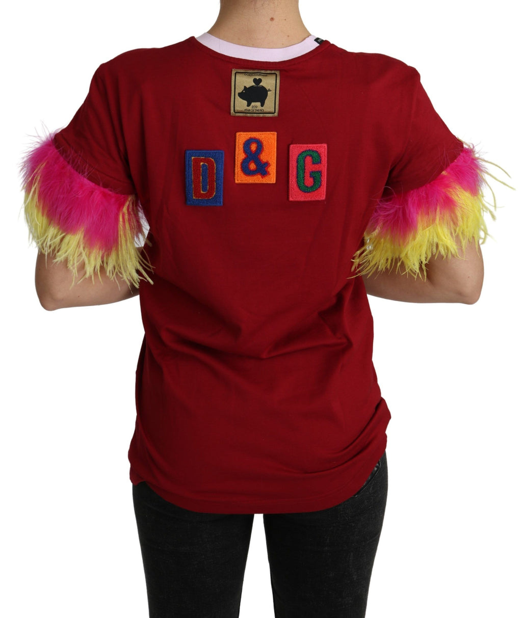 T-shirt Top Dolce & Gabbana Stampa Maiale Rosso Maniche in Piuma
